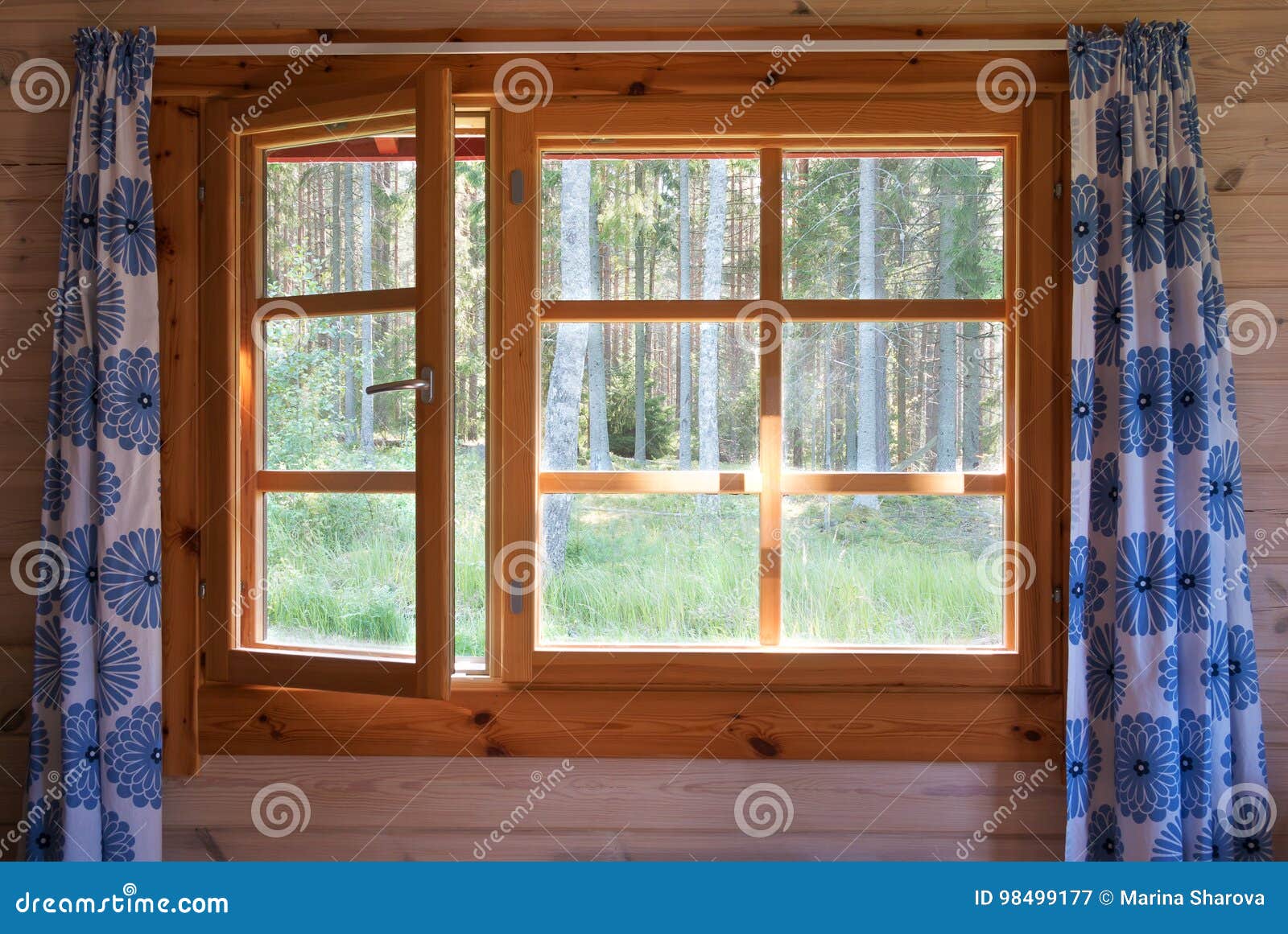 Open Window With Natural Wooden Frame And Blue Flower Curtains. Morning ... Open Window At Morning