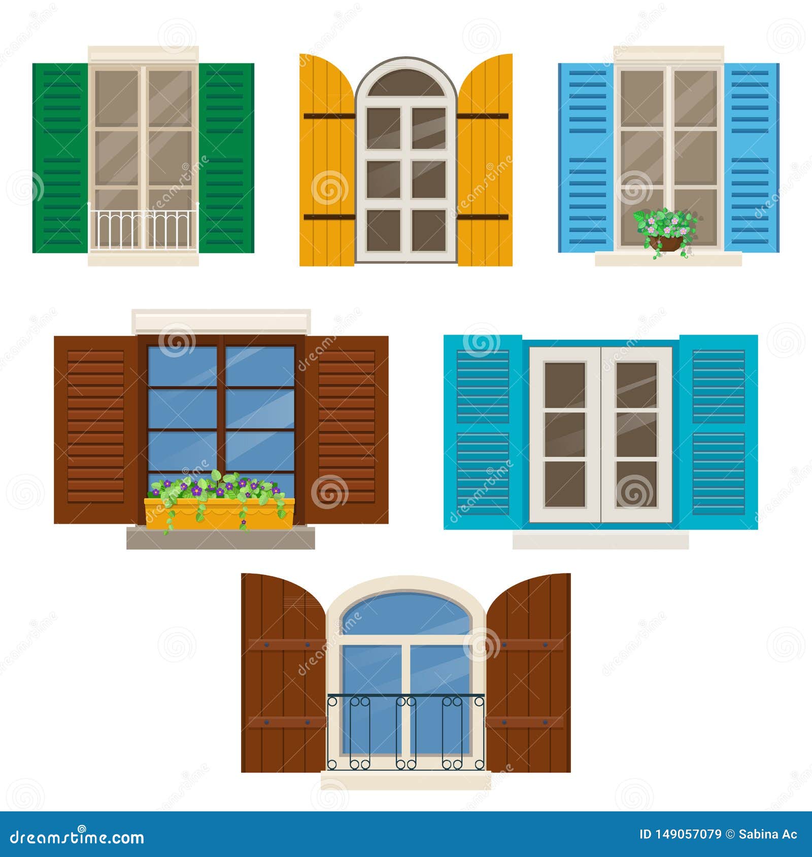 Open Windows With Shutters Cartoon Vector 149057079