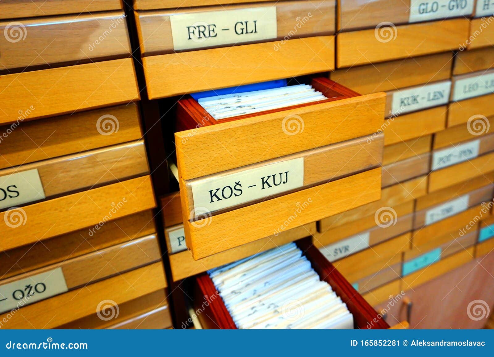 Open Wooden Drawer Box On An Old Library Catalog Stock Image