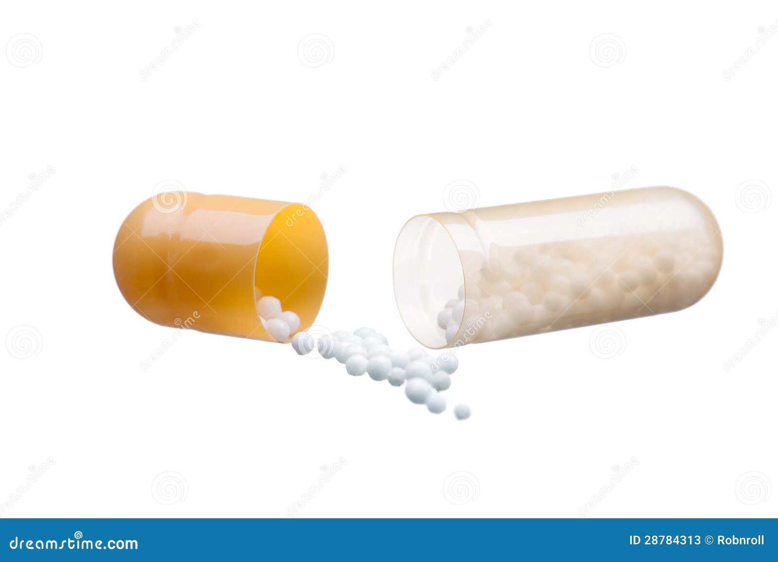 Open Yellow and White Pill (capsule) Macro Shot, Isolated Stock Image