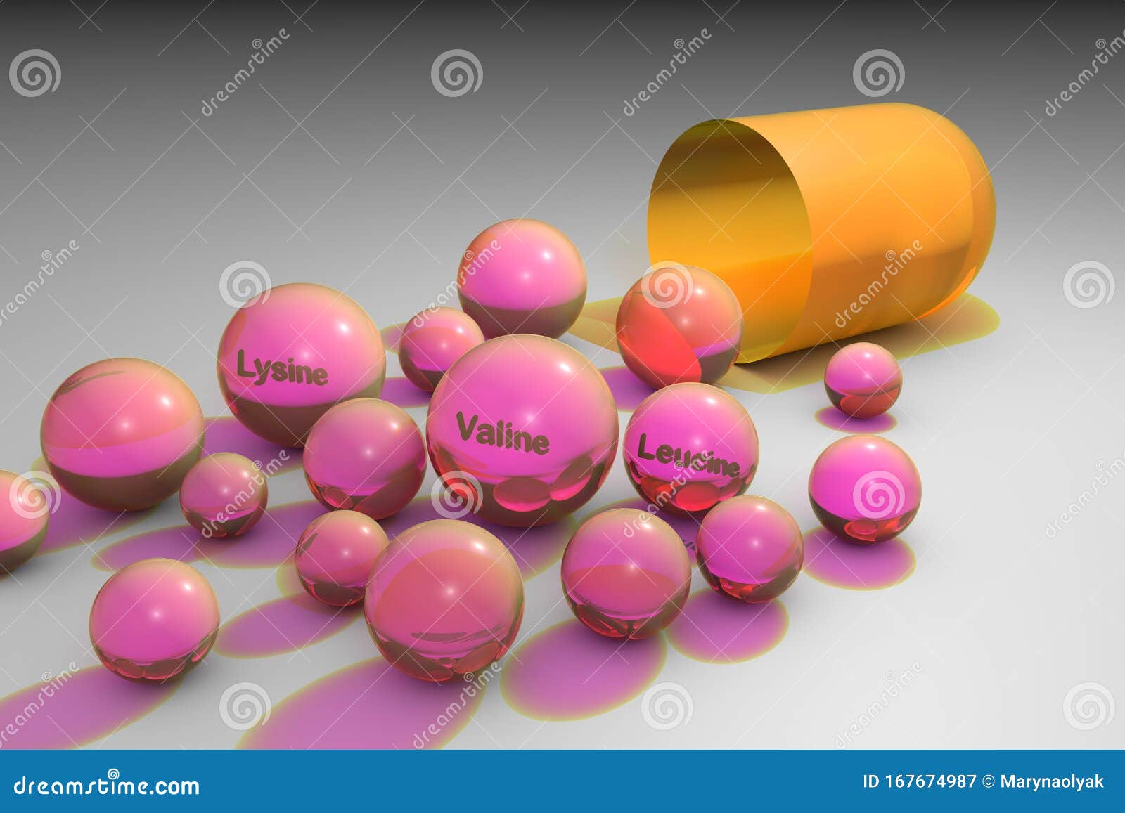 opened capsule with valine, lysine and leucine drops. they are essential amino acids used in the biosynthesis of