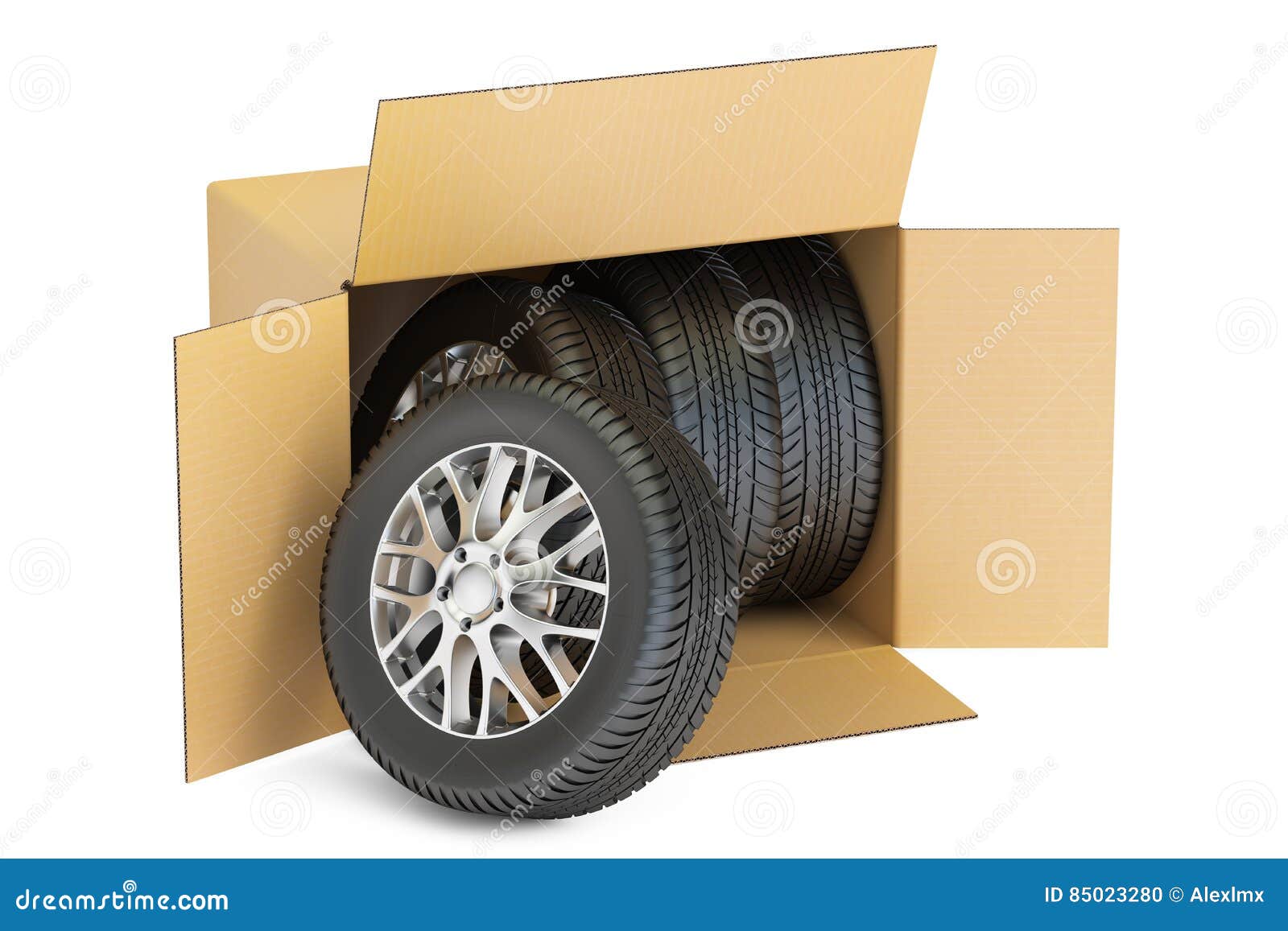 Opened Cardboard Box with Car Wheels, 3D Rendering Stock Illustration Illustration of market