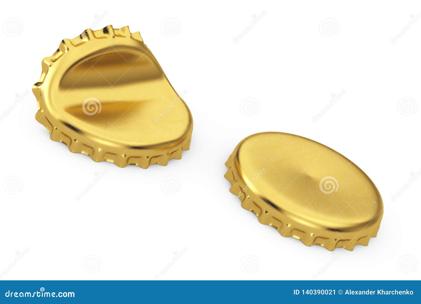 Opened And Closed Golden Crown Beer Bottle Caps. 3d Rendering Stock Illustration Illustration