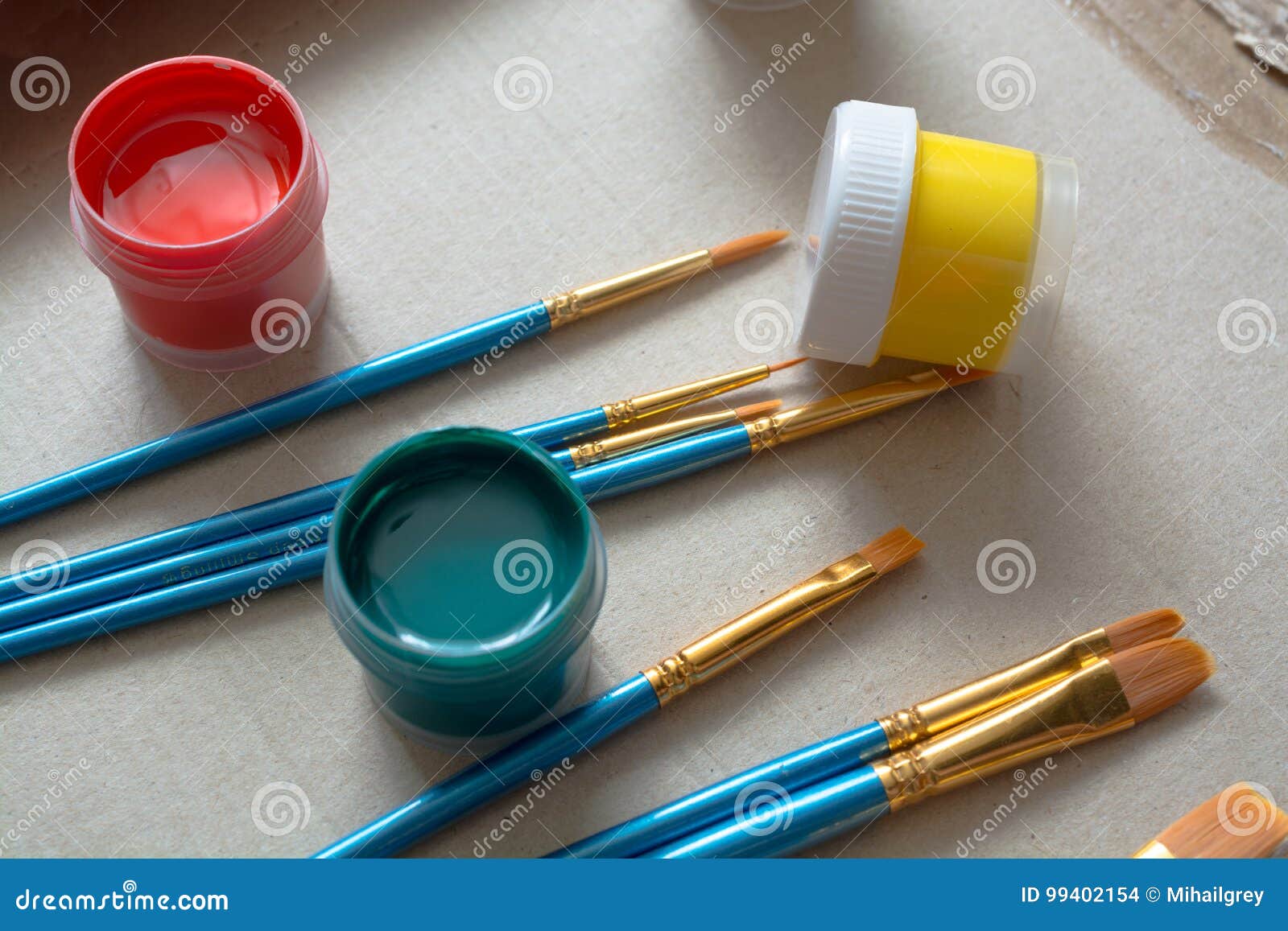 Opened Gouache Paint Buckets with Brush. Stock Photo - Image of concept ...