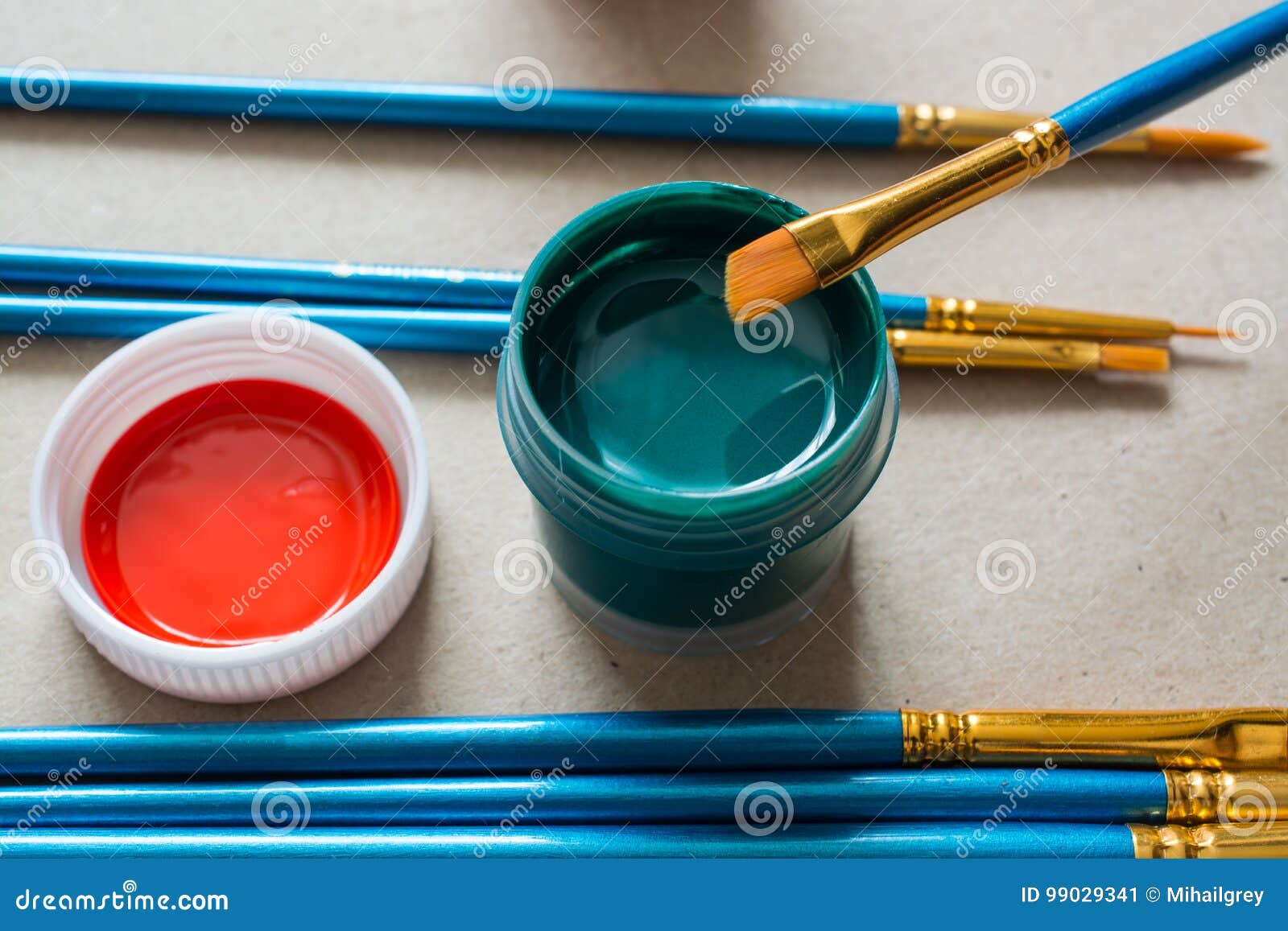 Opened Gouache Paint Buckets with Brush. Stock Image - Image of multi ...