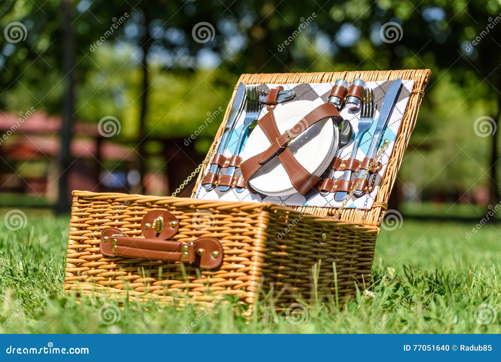 Opened Picnic Basket with Cutlery in Green Grass Stock Photo Image of