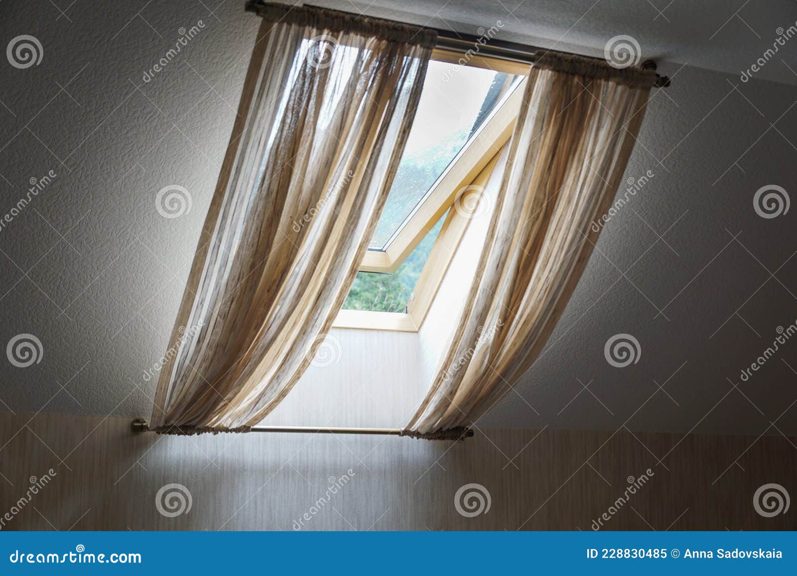opened rooftop window, view from room, transparent curtains cover window