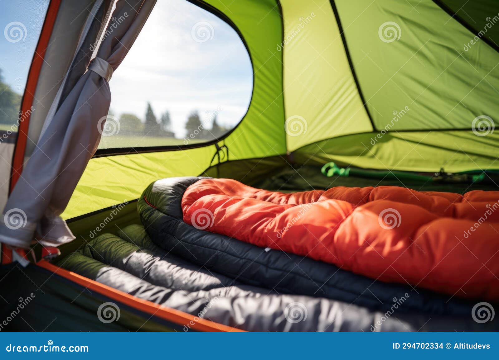 Opened Sleeping Bag Inside a Pitched Tent Stock Illustration
