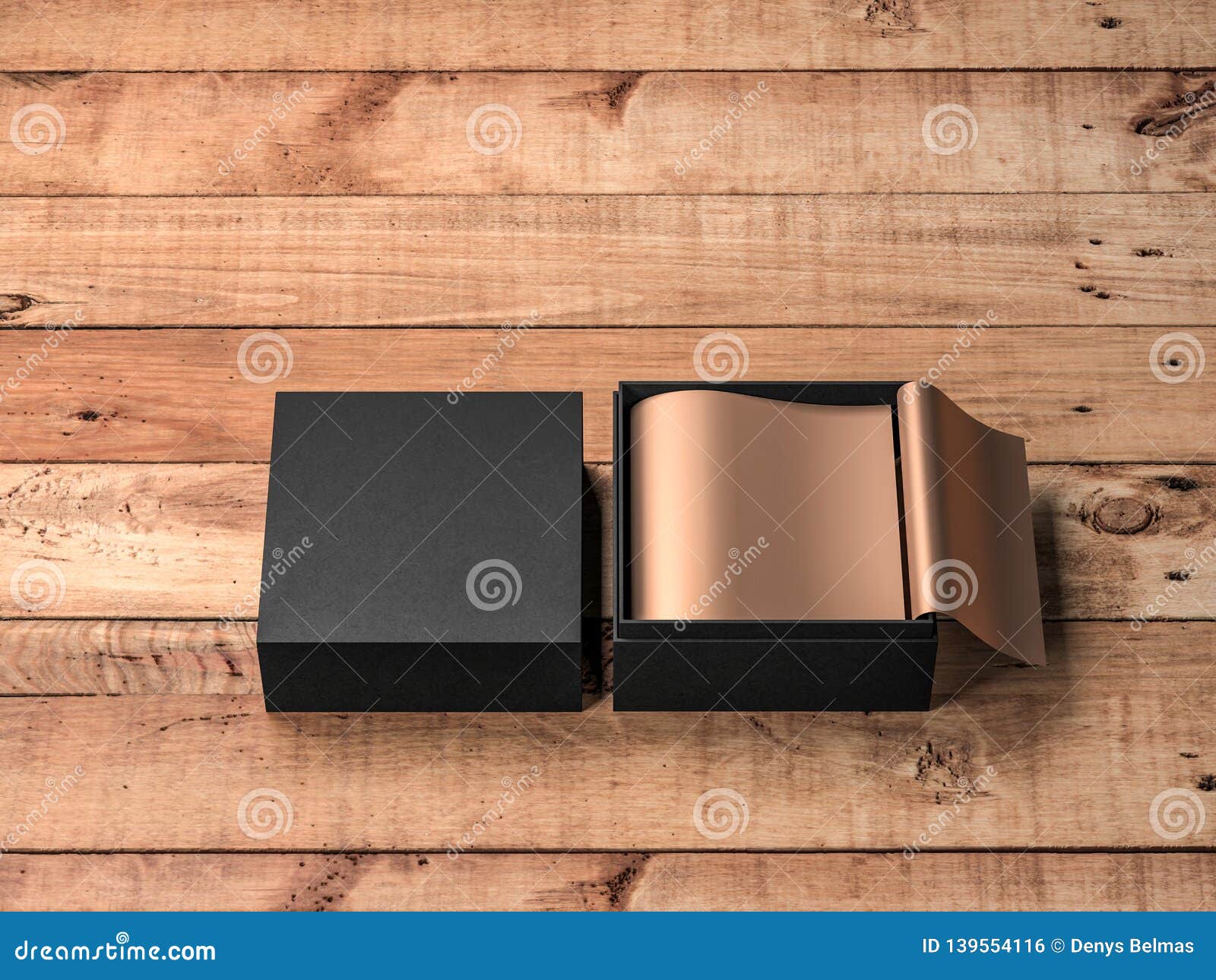 Download Opened Square Black Gift Box Mockup With Golden Wrapping Paper On Wooden Table, Front Side View ...