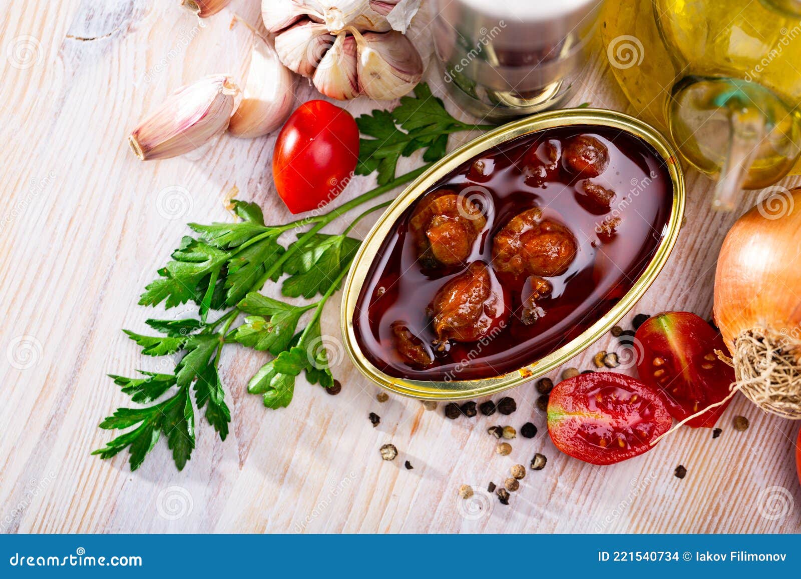 Opened tin can of scallops stock photo. Image of omega3 221540734