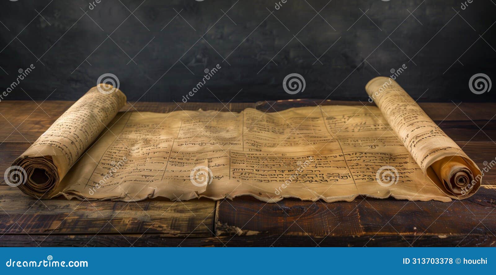 opened unrolled scroll on a wood surface. the torah, also known as the pentateuch. holy bible