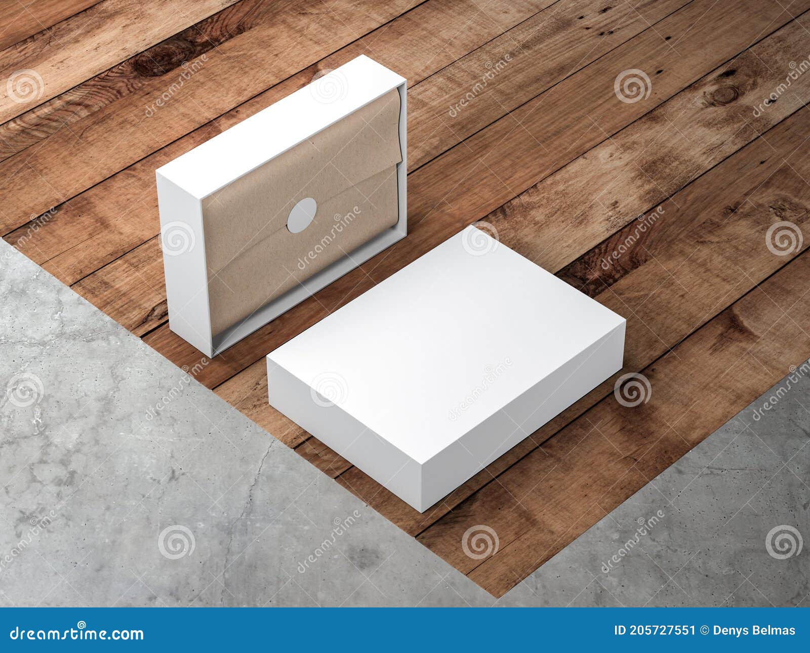 opened white box mockup with kraft wrapping paper and cover on modern floor