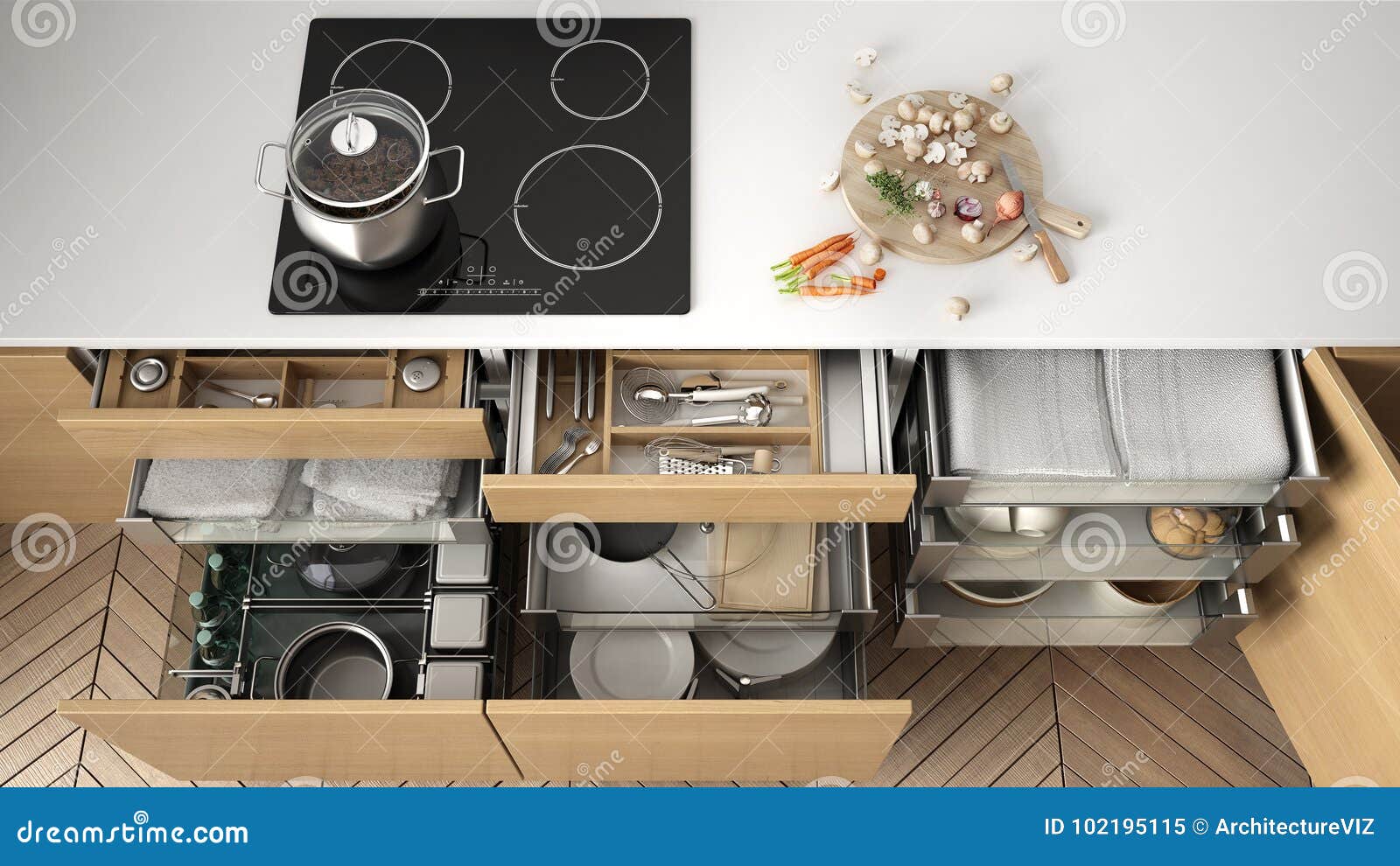 Opened Wooden Kitchen Drawer with Accessories Inside, Solution F Stock