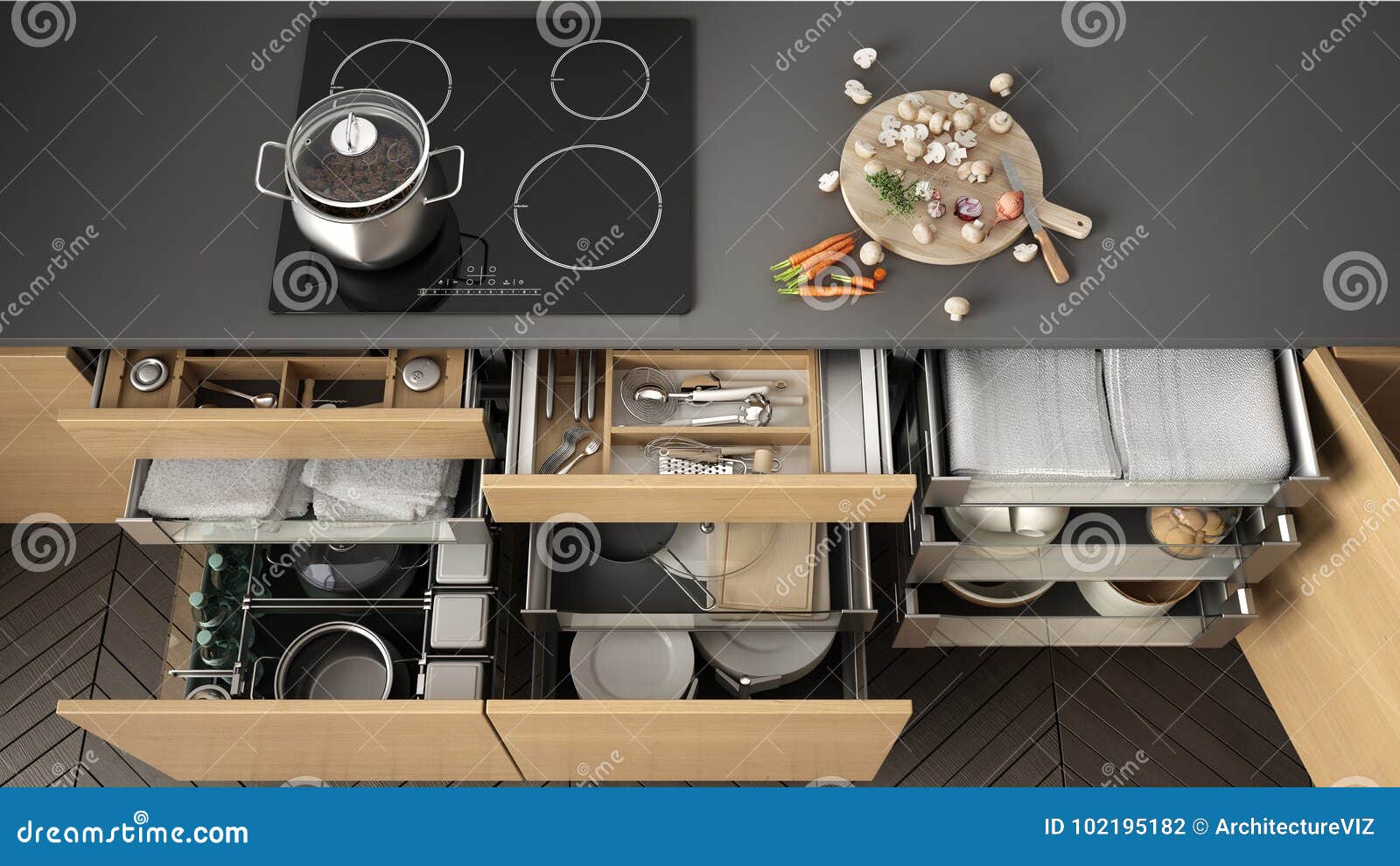 Opened Wooden Kitchen Drawer with Accessories Inside, Solution F Stock