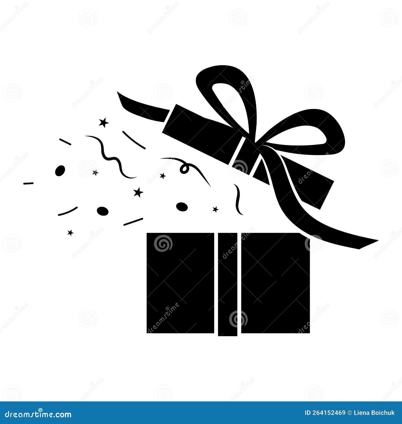 Opening Gift Box with Confetti, Black Filled Opened Present, Vector