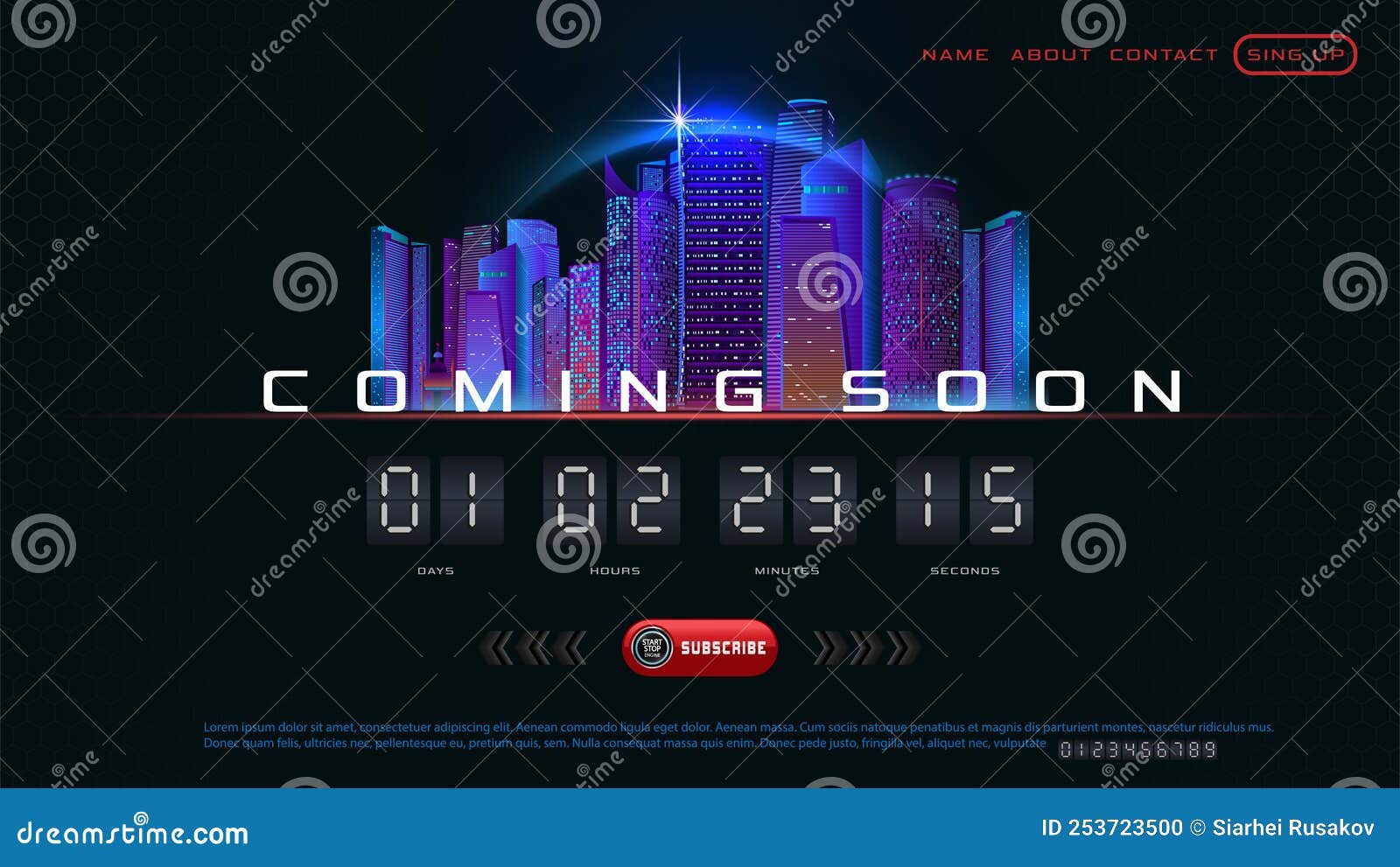 opening text coming soon on abstract dark background city silhouette with countdown timer.  concept for sale, web, promotion