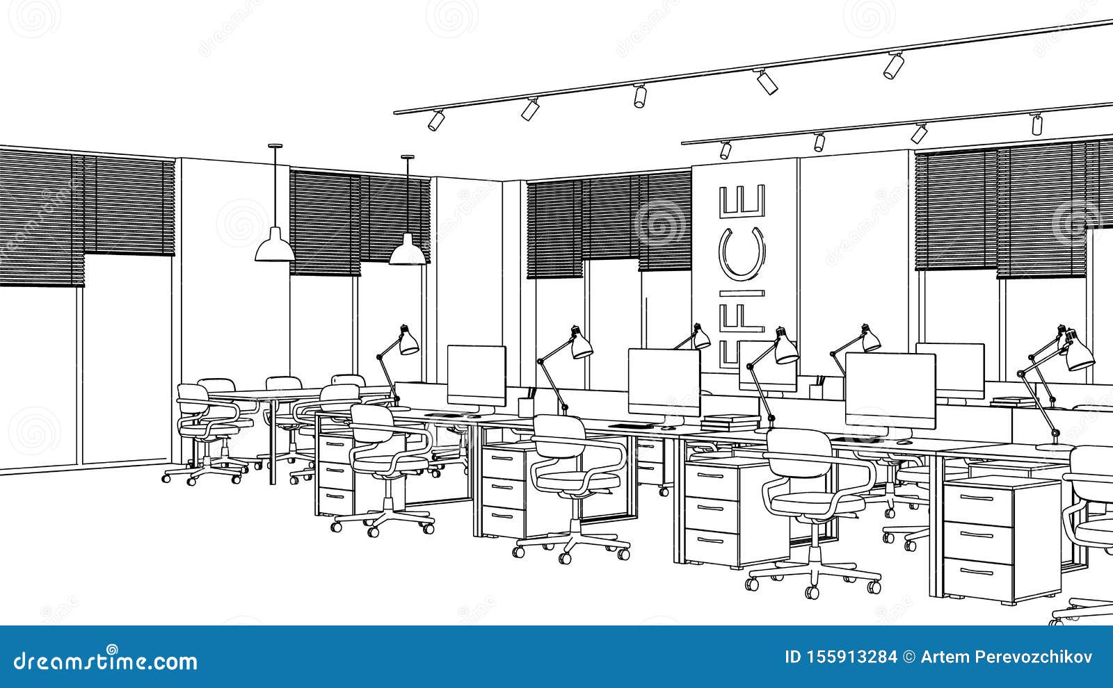 Openspace Interior Design With Four Workplaces. Office Interior Concept