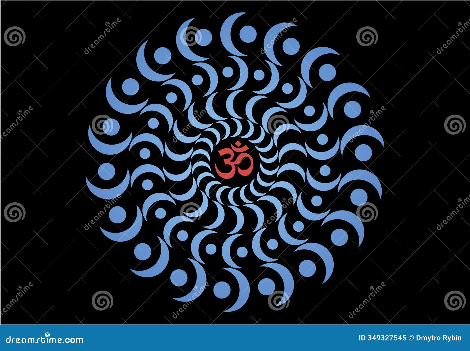 openwork blue elegant mandala on a black background. the red sign aum, om, ohm in the center.