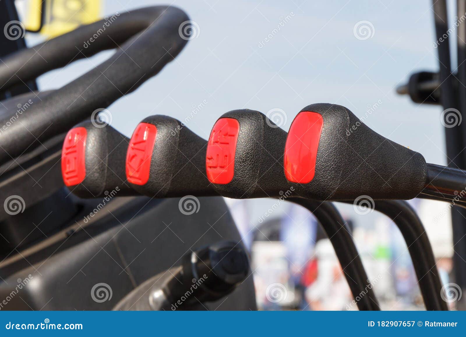 Operating Control Levers and Steering Wheel in Loader Machine Stock