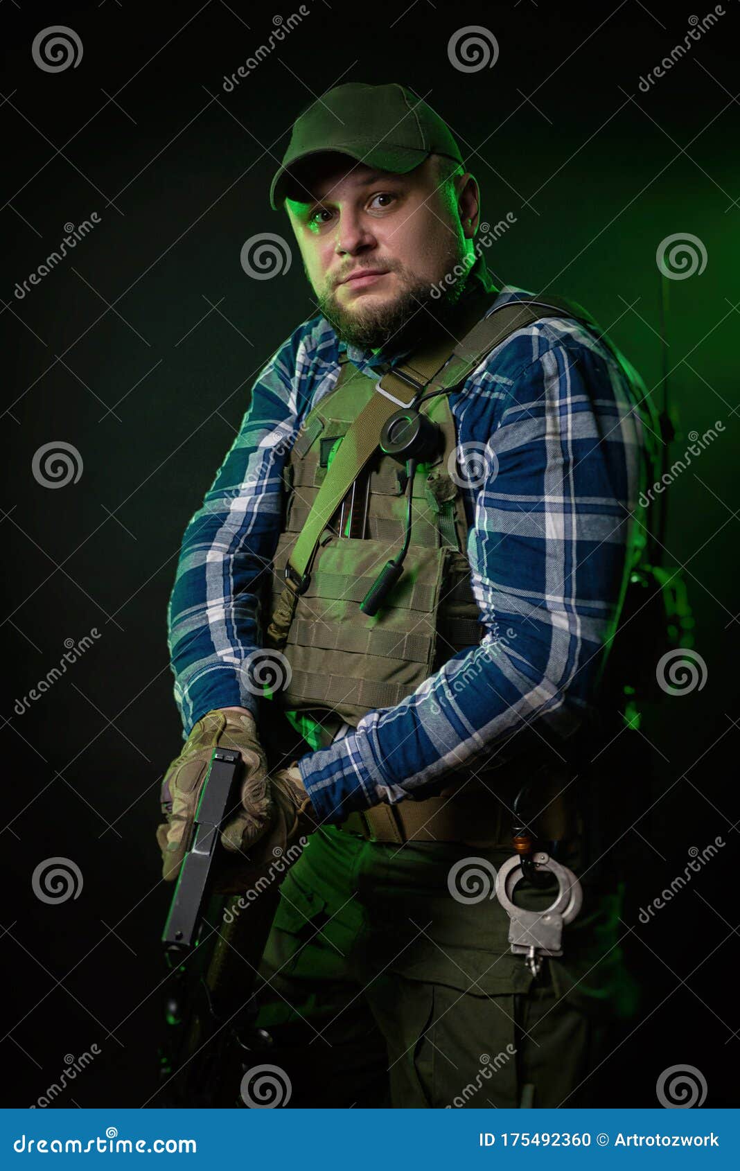 An Operative an FBI Agent in Armor and with a Weapon Stock Photo