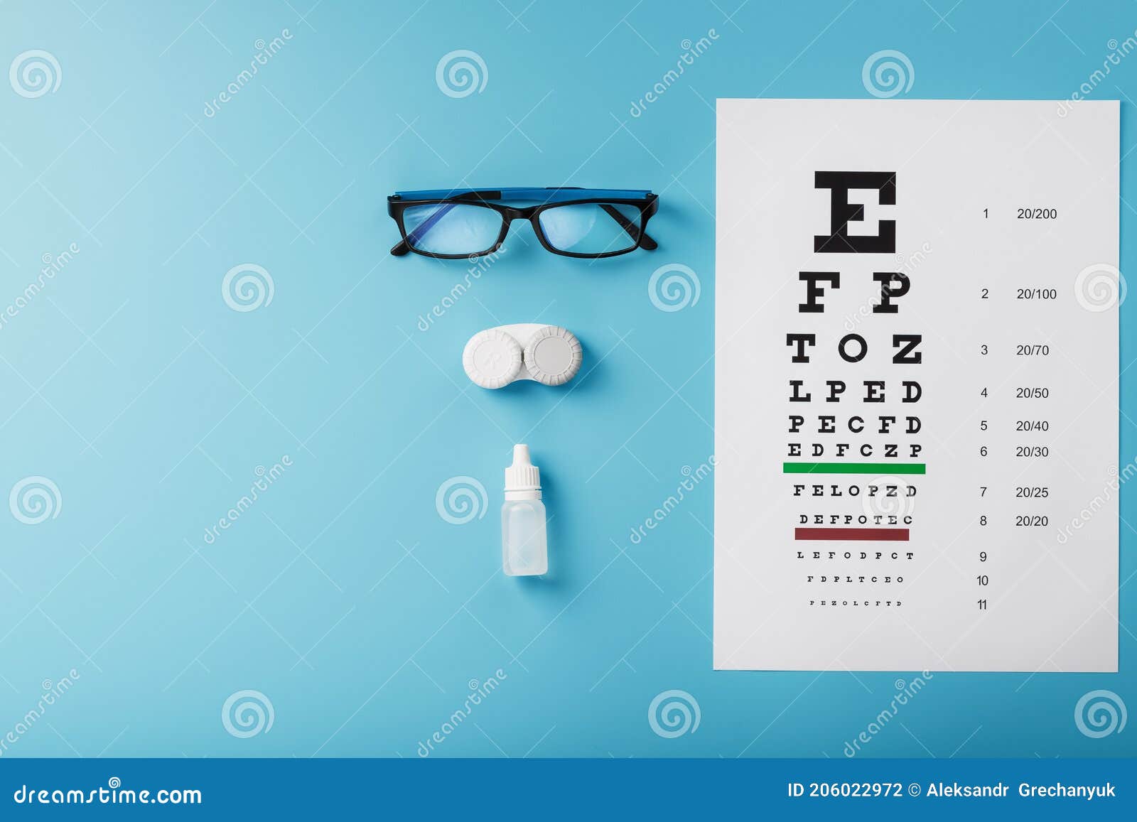 Ophthalmic Accessories Glasses and Lenses with an Eye Test Chart for
