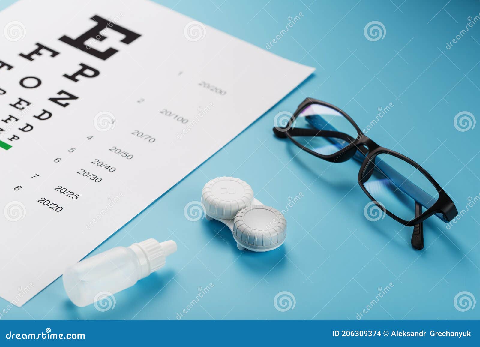 Ophthalmic Accessories Glasses and Lenses with an Eye Test Chart for