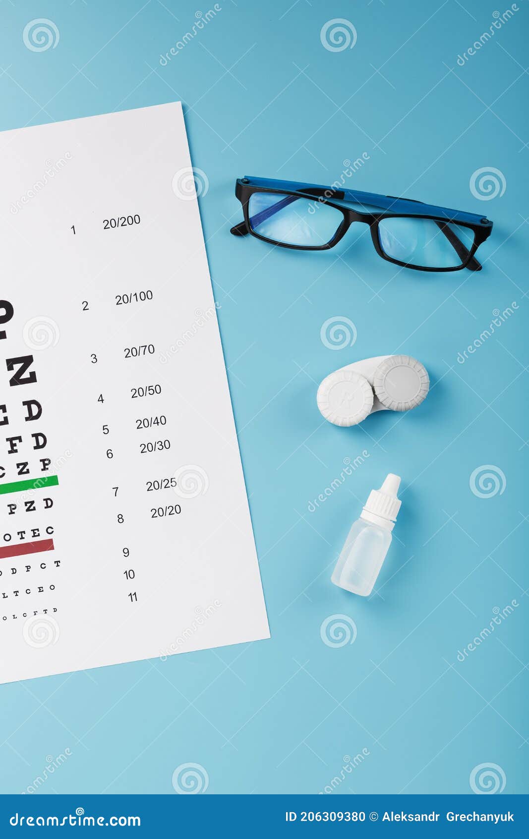 Ophthalmic Accessories Glasses and Lenses with an Eye Test Chart for