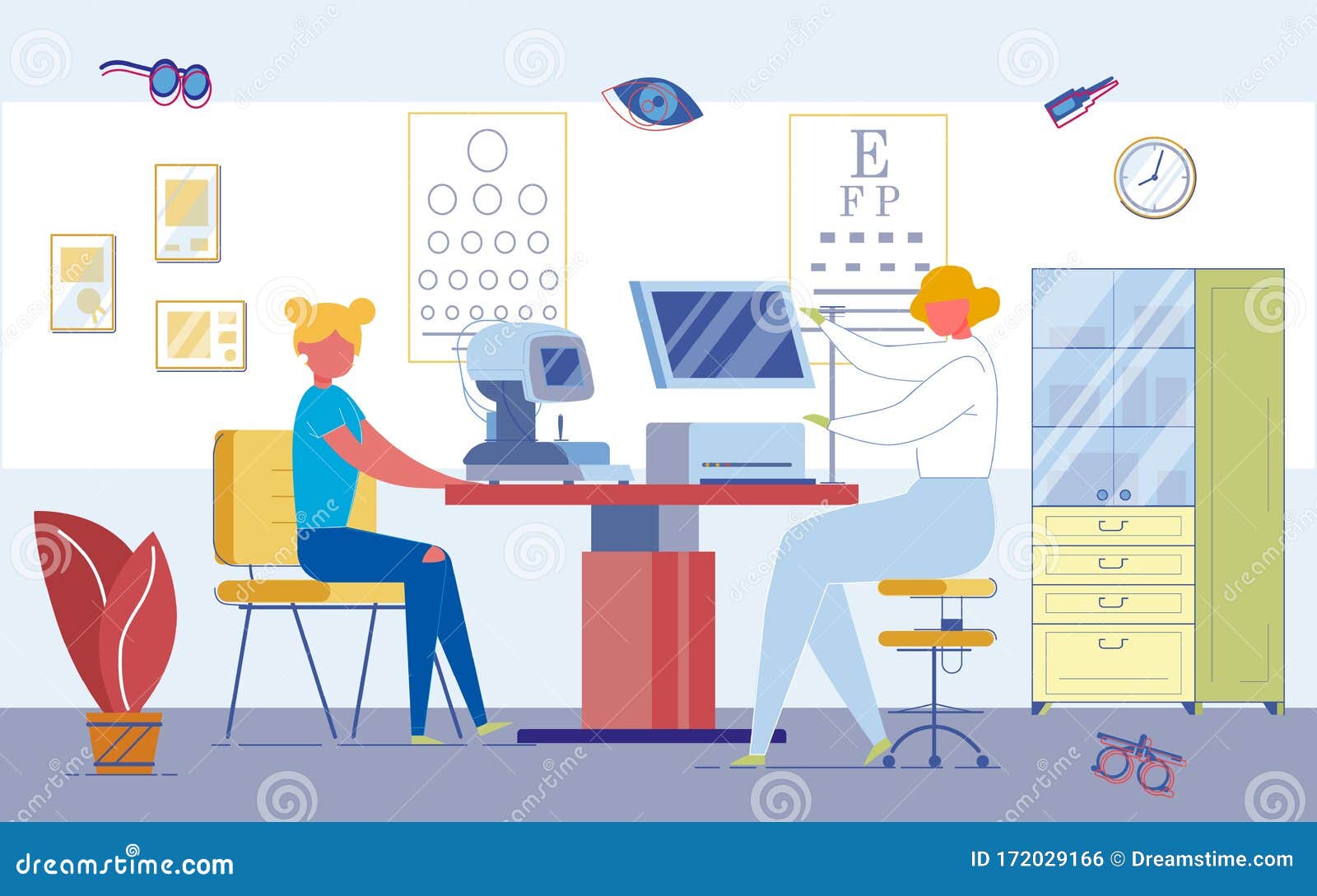 Ophthalmological Sight Test On High Tech Equipment Stock Vector