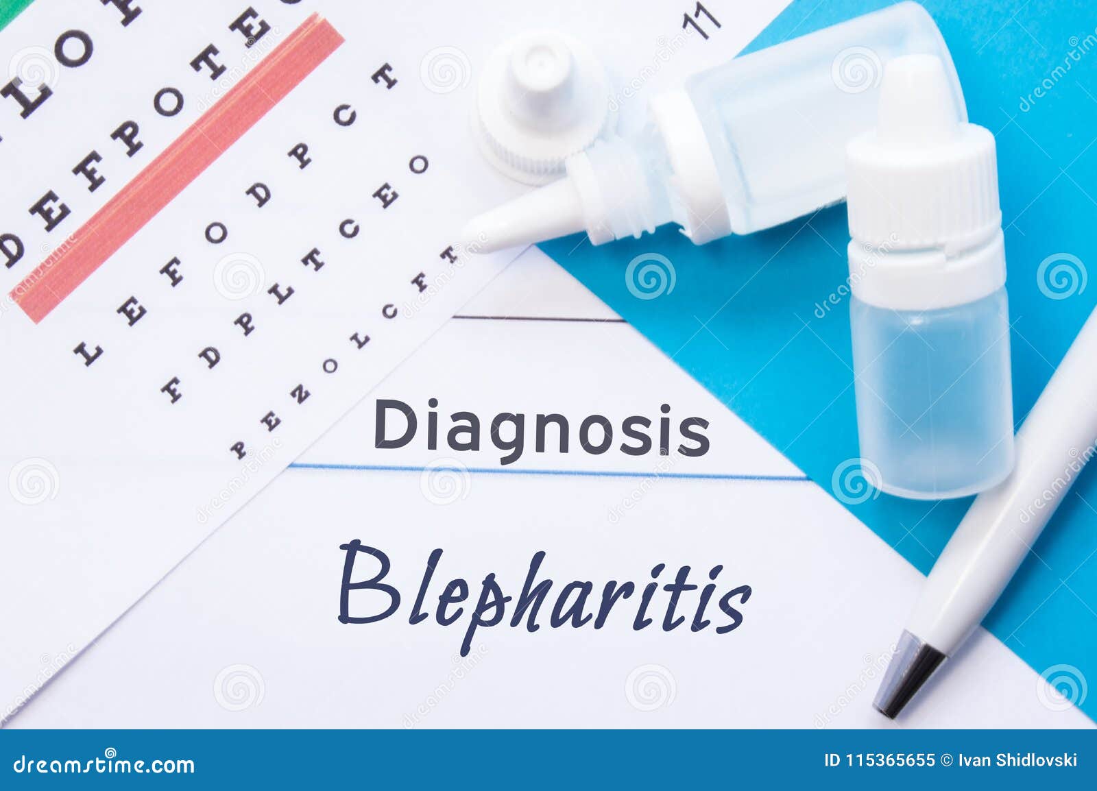 Ophthalmology Diagnosis Blepharitis. Snellen Eye Chart, Two Bottles of Eye Drops Medications
