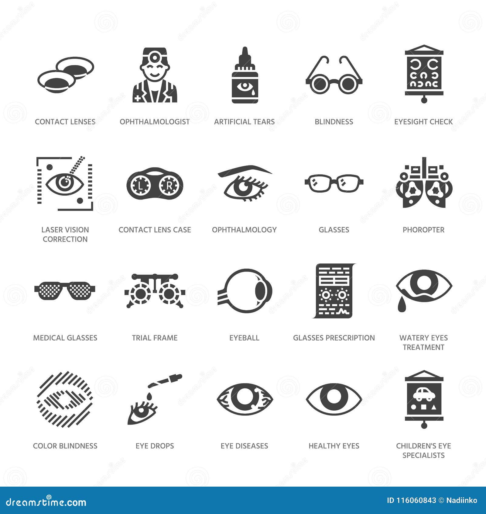 ophthalmology, eyes health care glyph icons. optometry equipment, contact lenses, glasses, blindness. vision correction