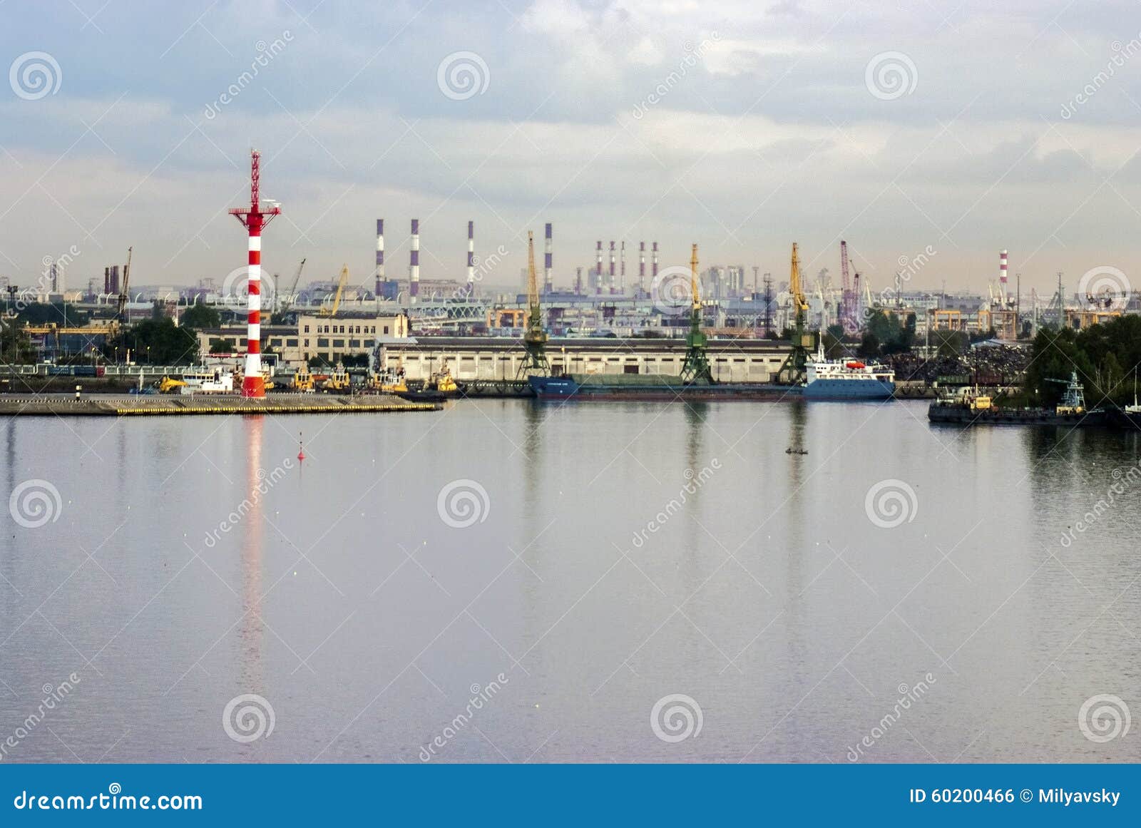 Opinión grande de ciudad de puerto marítimo, landscaspe de la industria. Paisaje de un puerto marítimo grande de la industria de la ciudad Muchas grúas de construcción amarillas enormes, tubos de la fábrica (el foco se hace en rayado rojo y blanco el brillante), diverso equipo de la maquinaria y del cargo, otras construcciones metálicas y edificios, naves, espejo en el agua, tiempo nublado, etc r