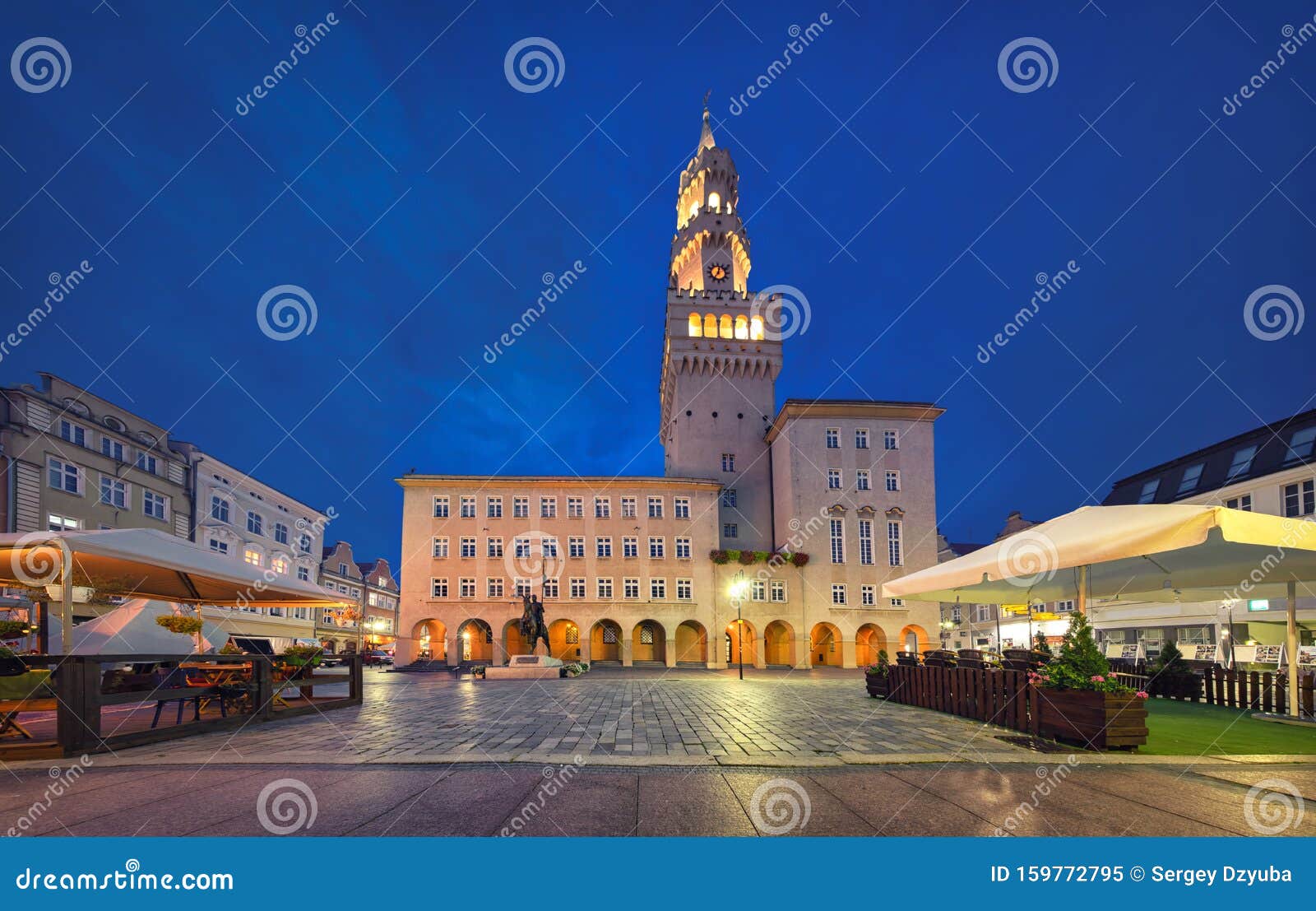 opole, poland. view of rynek square at dusk