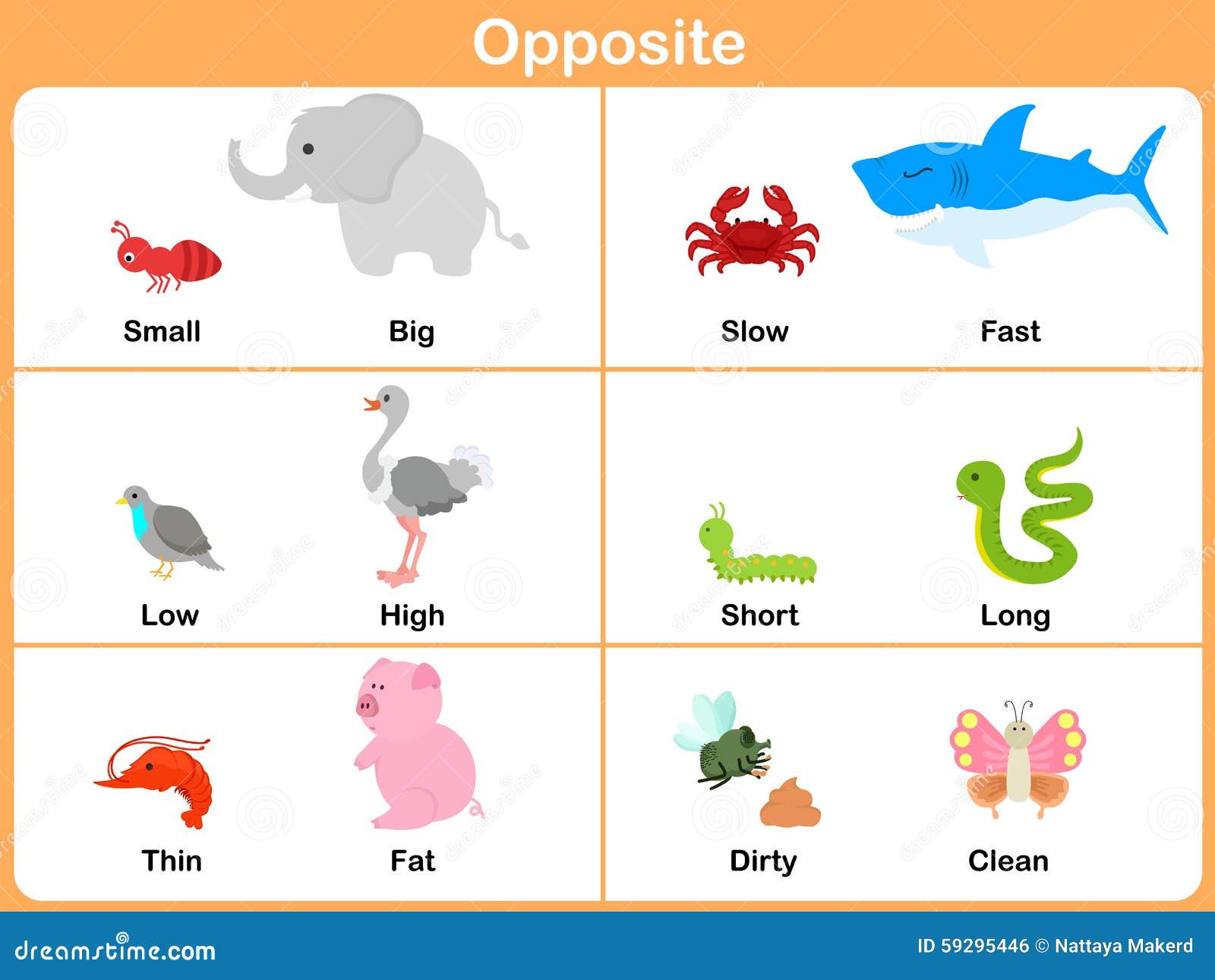Opposite with Animals for Preschool - Worksheet for Education Stock Vector  - Illustration of sheet, cartoon: 59295446