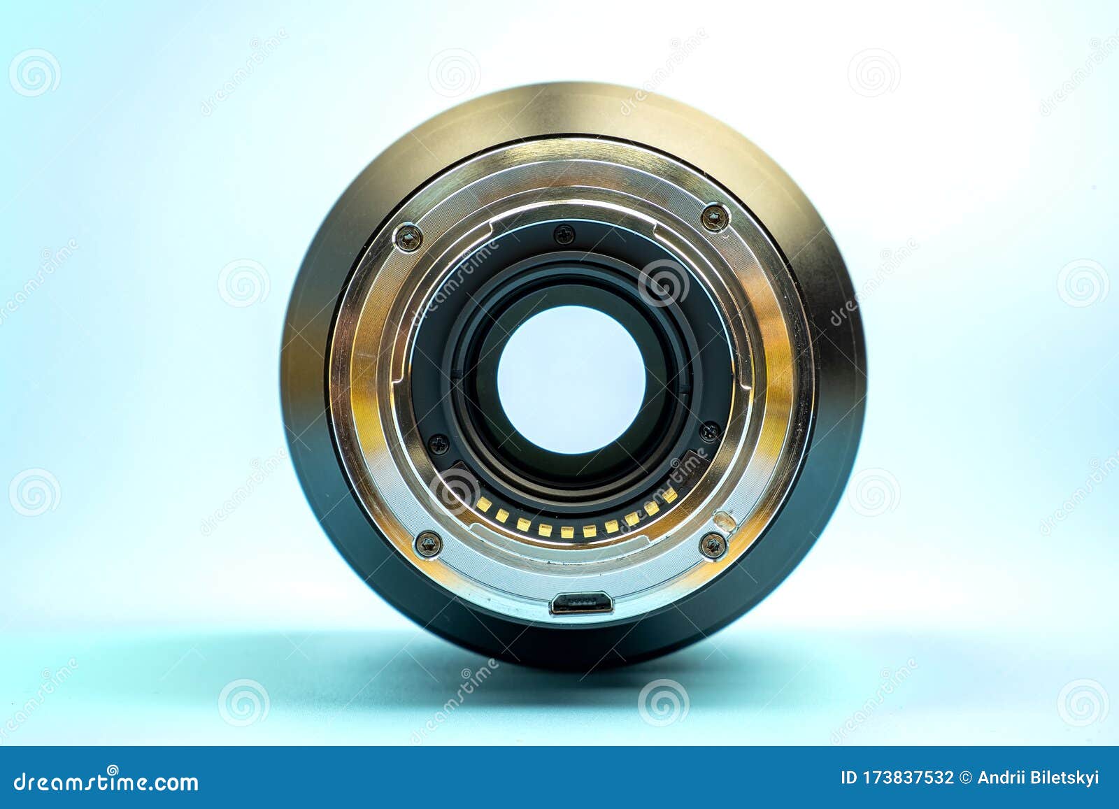 Optical Digital Camera Lens Isolated on Blue Background Stock Photo