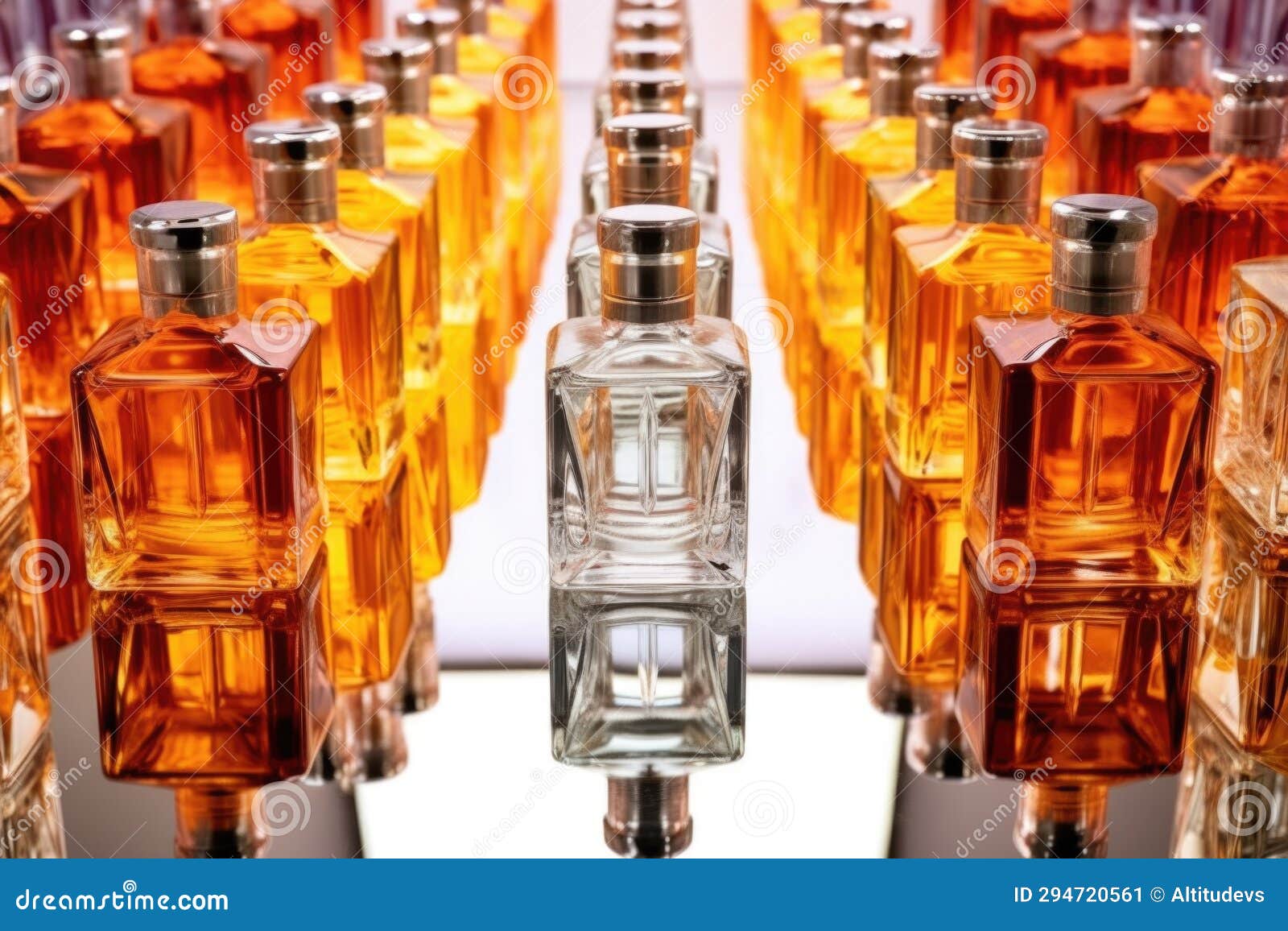 Optical Illusion Created with Perfume Bottles on Different Planes Stock