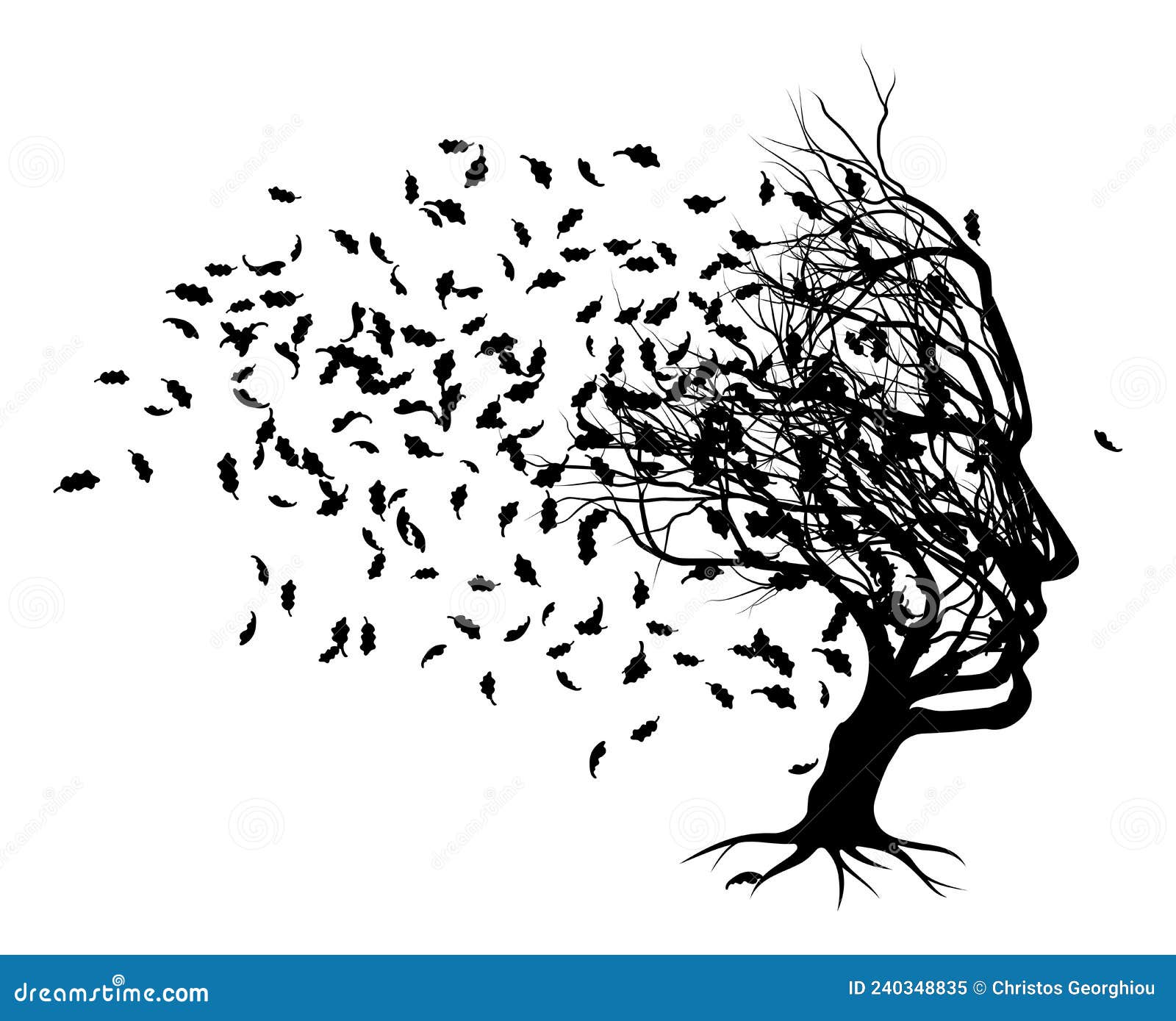 Optical Illusion Tree Face with Leaves Blowing Stock Vector