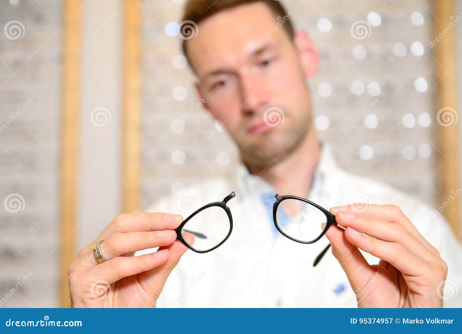 Broken Eye Glasses, Isolated On White Background. Black Celluloid Frame