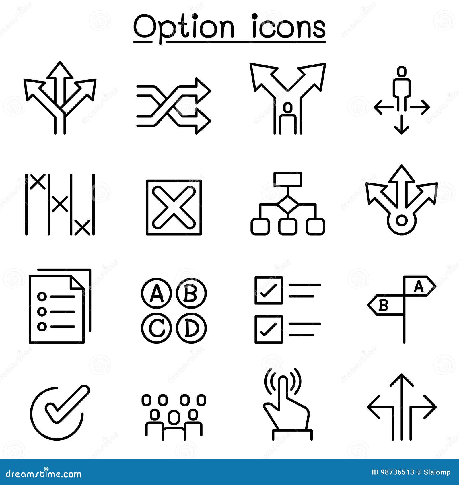 Optiepictogram dat in dunne lijnstijl wordt geplaatst. Optiepictogram in dun de illustratie grafisch ontwerp dat van de lijnstijl wordt geplaatst