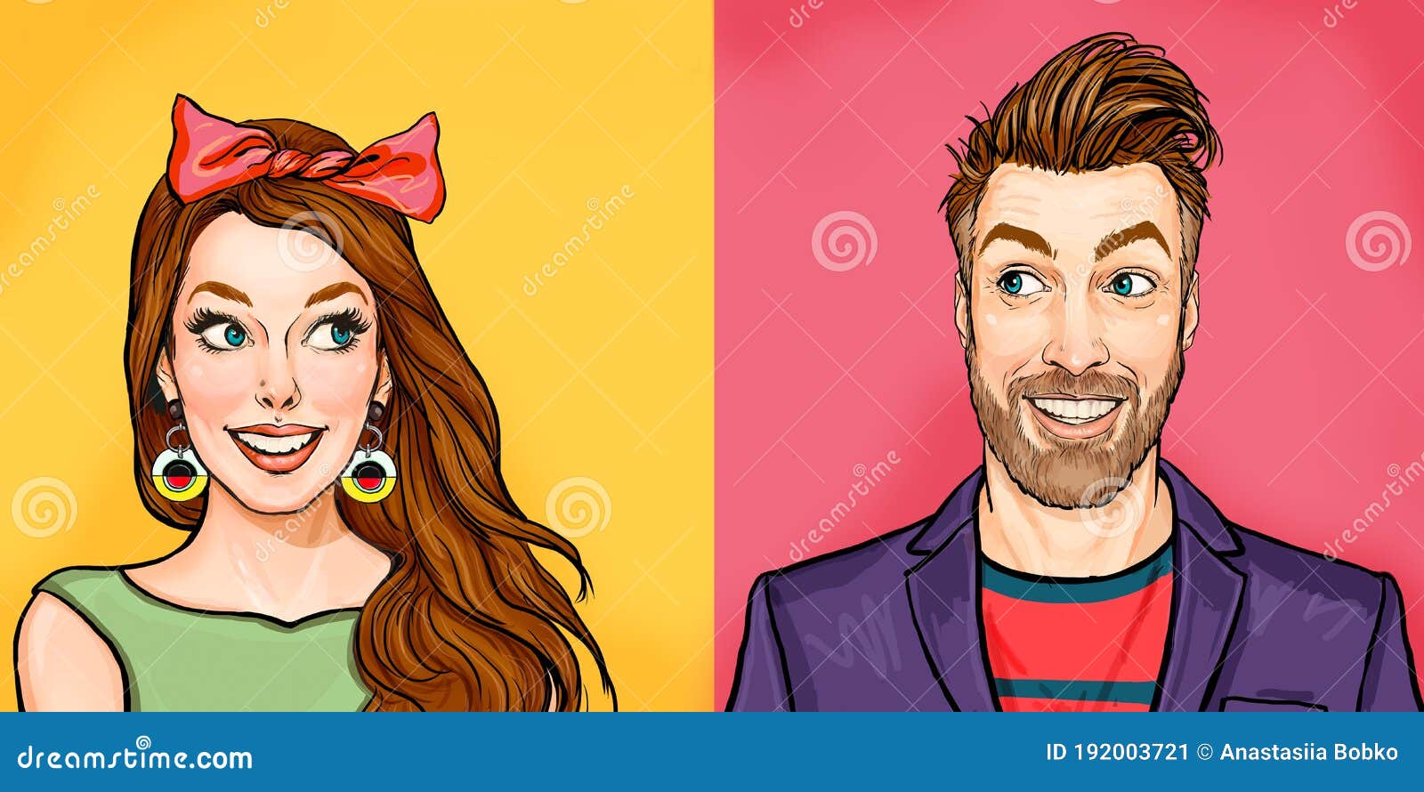 optimistic smiling young woman and man, feel happy, dressed in casual clothes, have fun together