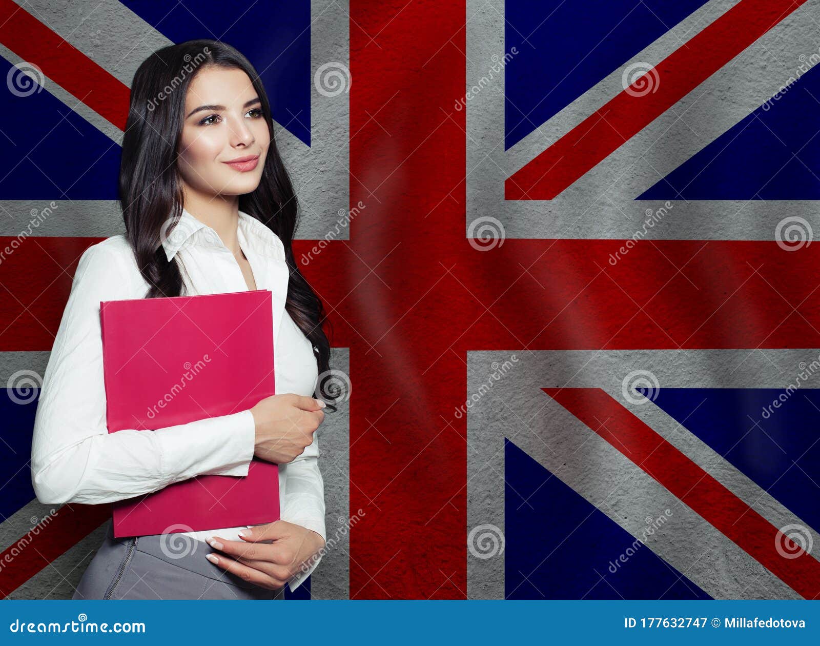 Optimistic Woman with United Kingdom Flag. Distance Learning in Great ...
