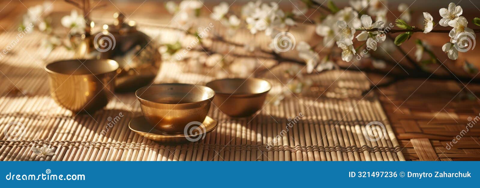 opulent golden japanese tea ceremony utensils arranged on a woven tatami mat, ikebana flowers in a vase