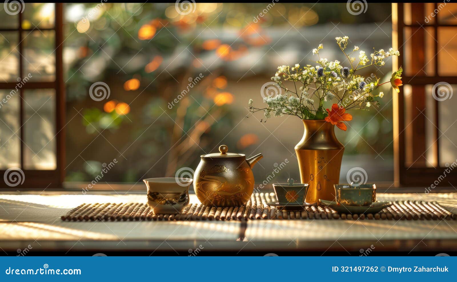 opulent golden japanese tea ceremony utensils arranged on a woven tatami mat, ikebana flowers in a vase
