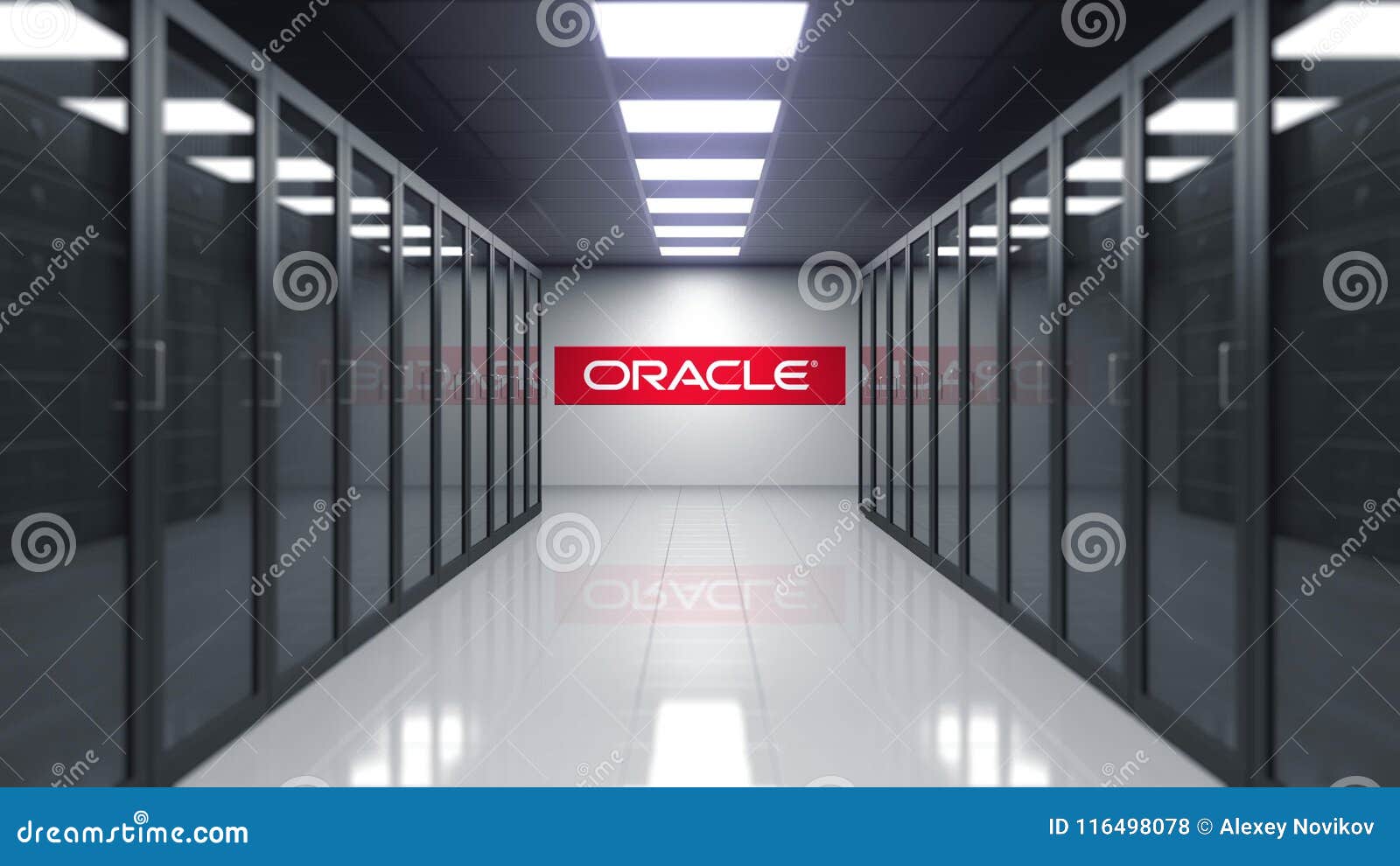 Oracle Corporation logo on the wall of the server room. Editorial 3D rendering