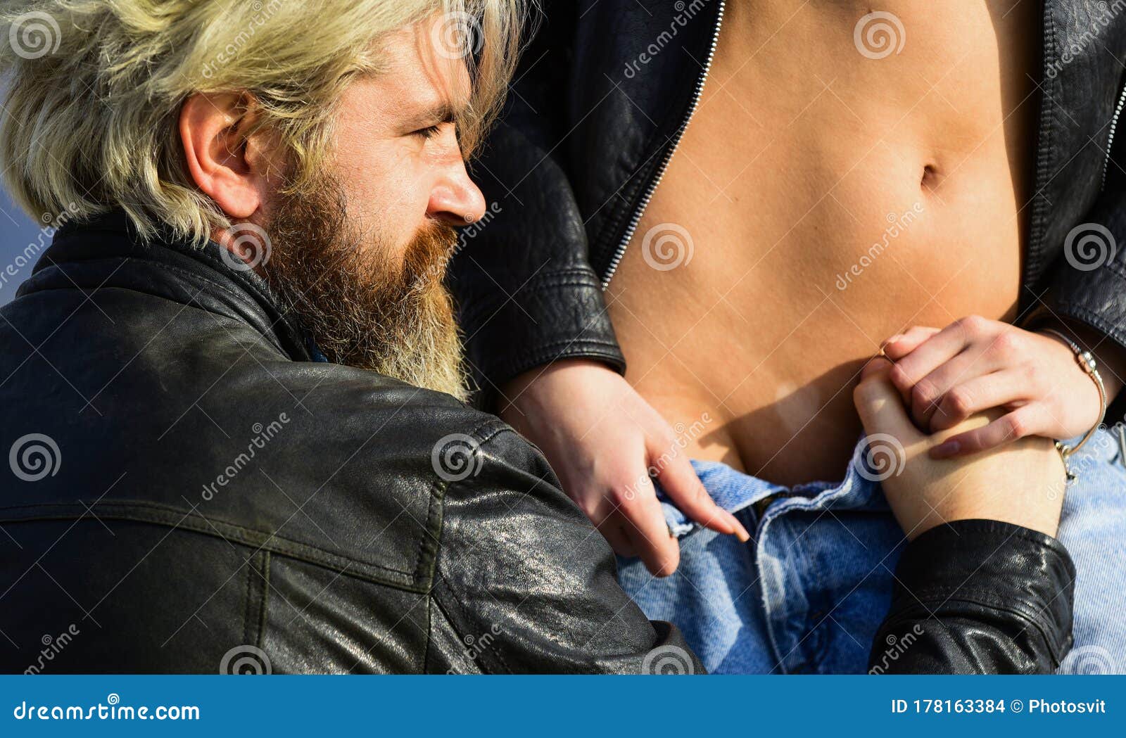 Oral Sex. Lovers in Leather Jacket