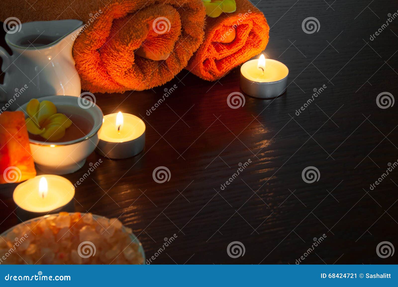 Orange Aromatherapy Bath Salt, Soap, Essential Oils and Towels Stock