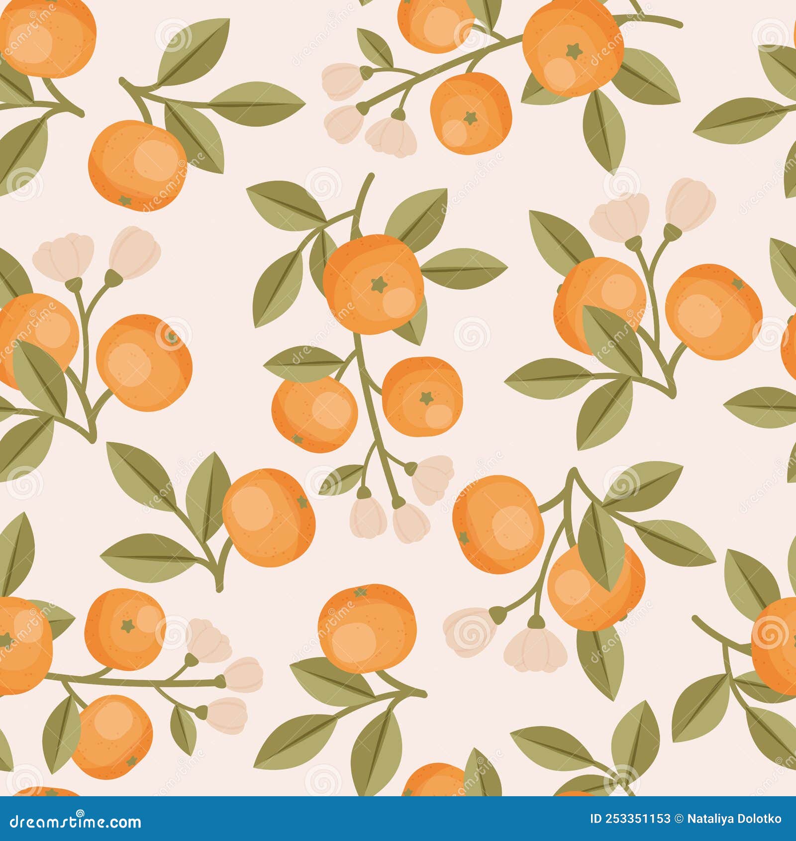 Orange Branch, Orange Blossom, and Fruits. Vector Seamless Wallpaper