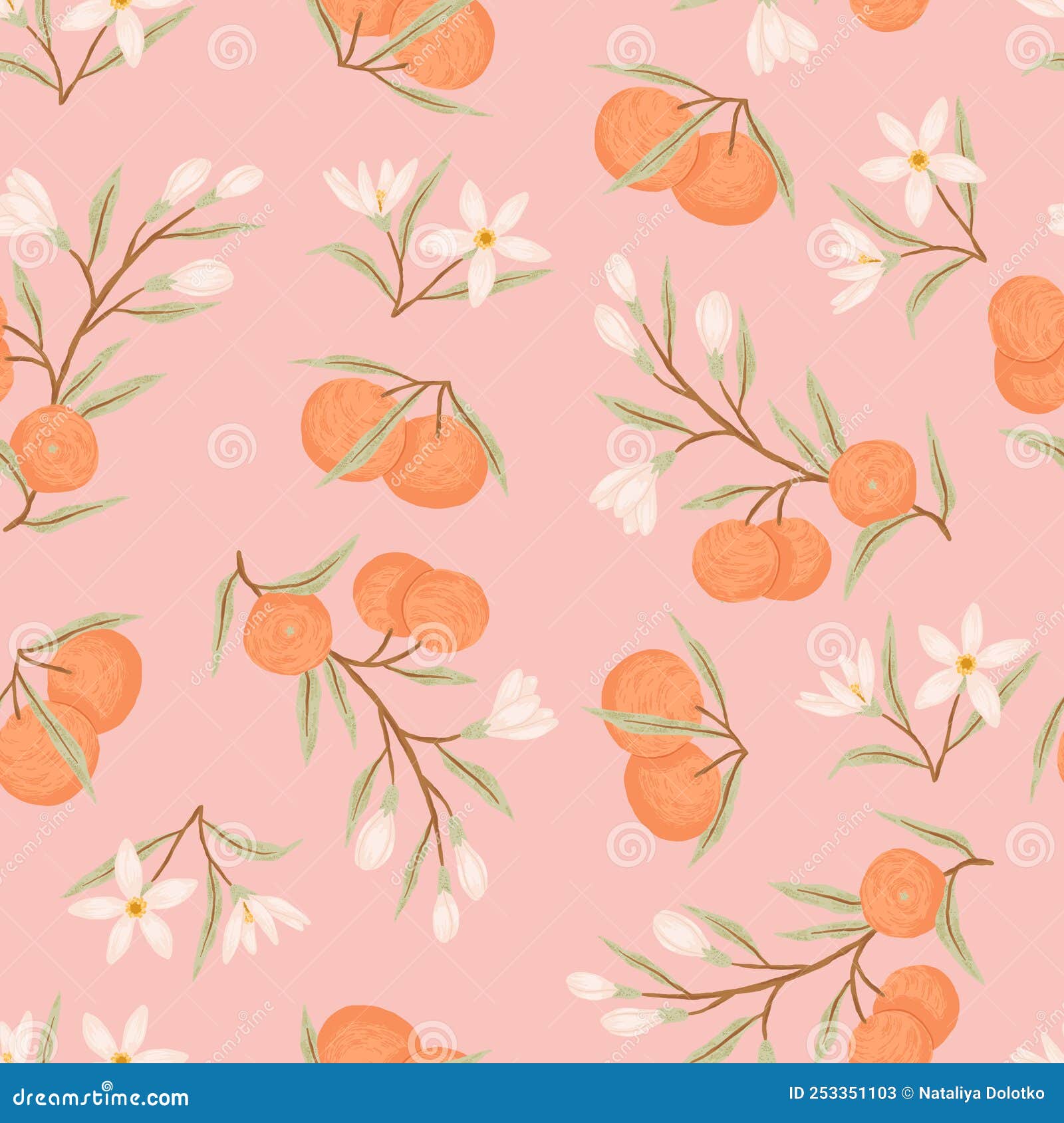 Handdrawn Orange Branch, Orange Blossom, and Fruits. Vector Seamless