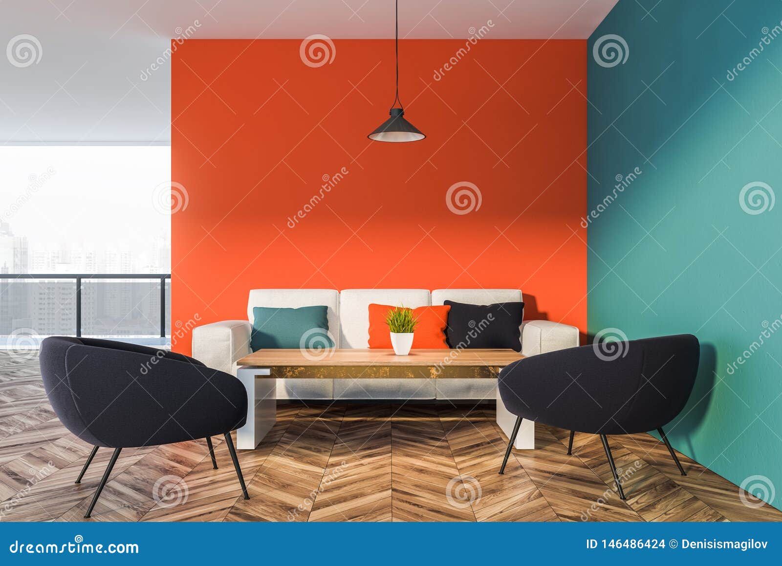 Orange And Blue Living Room Interior Stock Illustration