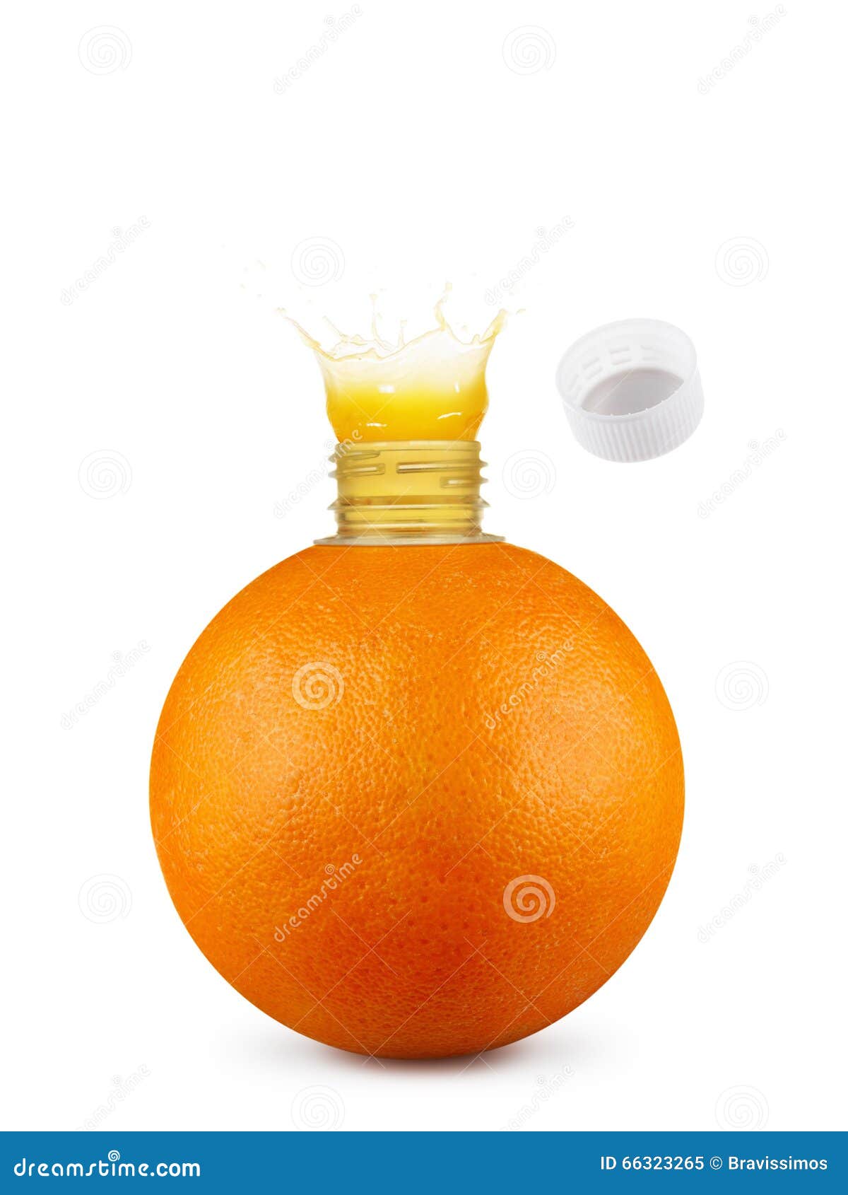 Orange with Bottle Neck and Juice Splashes on White Background Stock