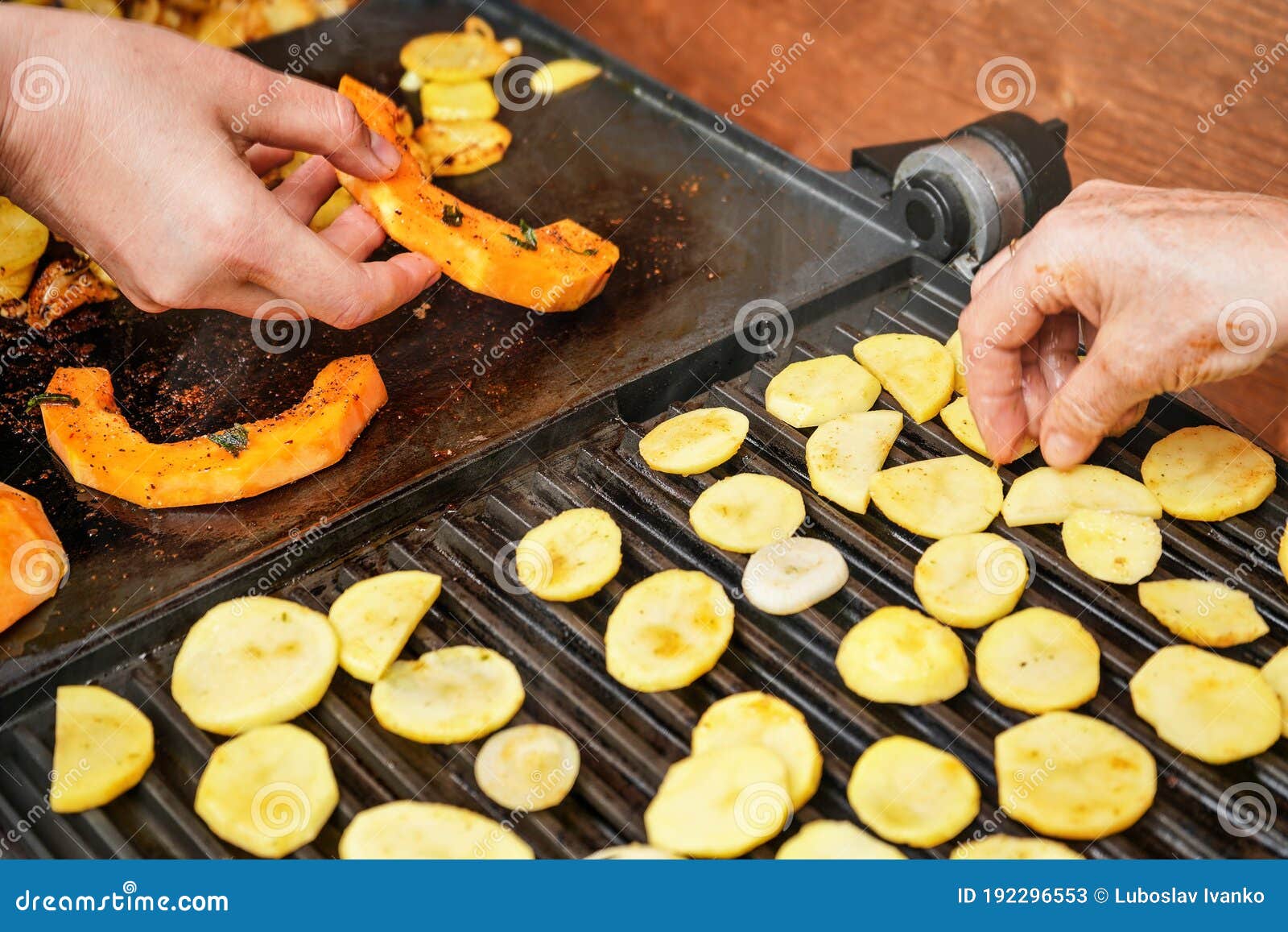 https://thumbs.dreamstime.com/z/orange-butternut-squash-pieces-grilled-electric-grill-detail-woman-hands-moving-smoking-vegetables-blurred-potato-chips-192296553.jpg